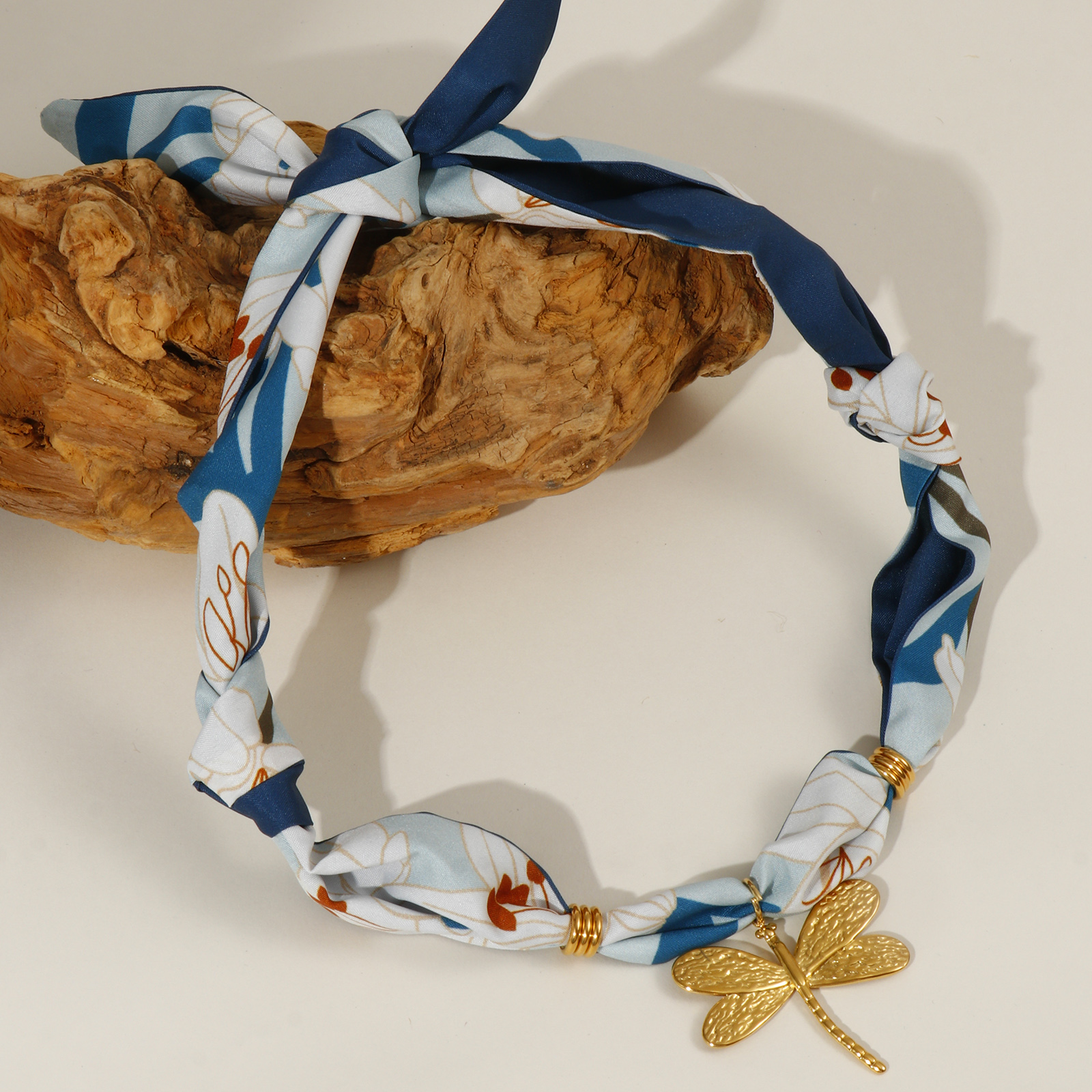 Picture of 18K Real Gold Plated Dragonfly Animal Pendant Charm Scarf Necklace, 304 Stainless Steel & Polyester 80cm(31.5"), For Women, Lily Flower Ink Blue Dainty Pastoral Style Gift, Eco-friendly PVD Vacuum Plating, 1 Piece