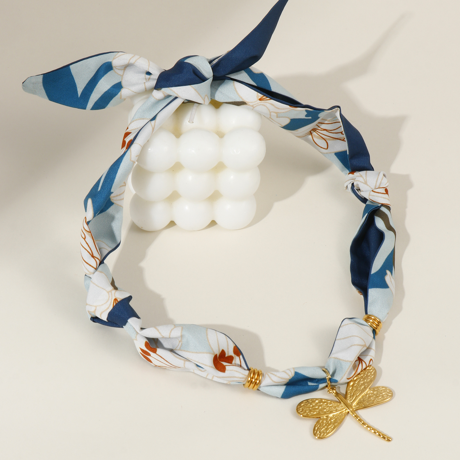 Picture of 18K Real Gold Plated Dragonfly Animal Pendant Charm Scarf Necklace, 304 Stainless Steel & Polyester 80cm(31.5"), For Women, Lily Flower Ink Blue Dainty Pastoral Style Gift, Eco-friendly PVD Vacuum Plating, 1 Piece