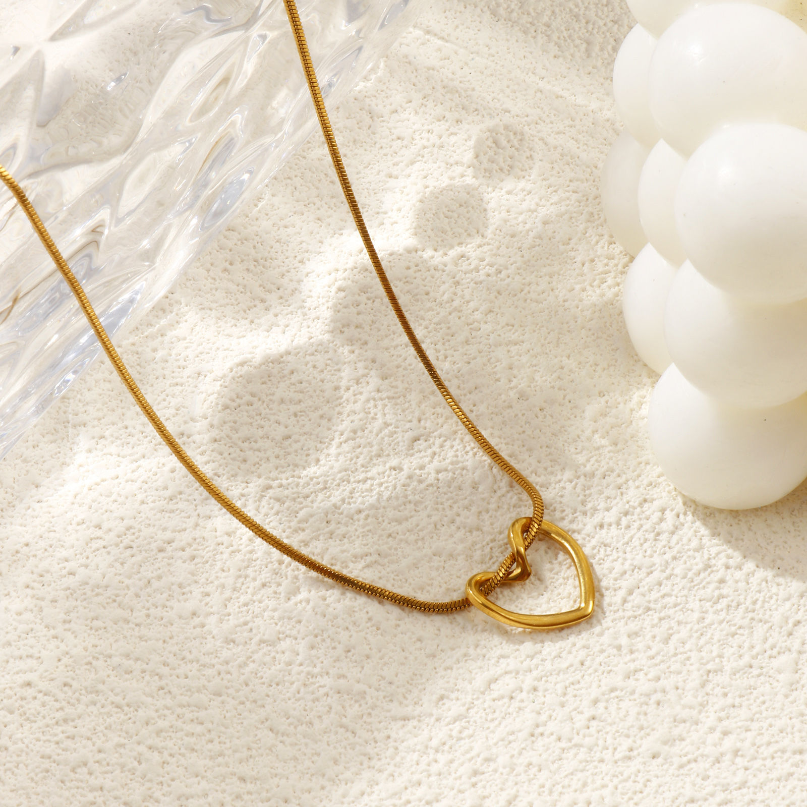 Изображение 18K настоящее золото с покрытием квадратная змеевидная цепь Сердце Ожерелье с подвеской, 304 Нержавеющая Сталь 45см, Для женщин, День святого Валентина Изысканный подарок, Экологичное вакуумное PVD-покрытие, 1 ШТ