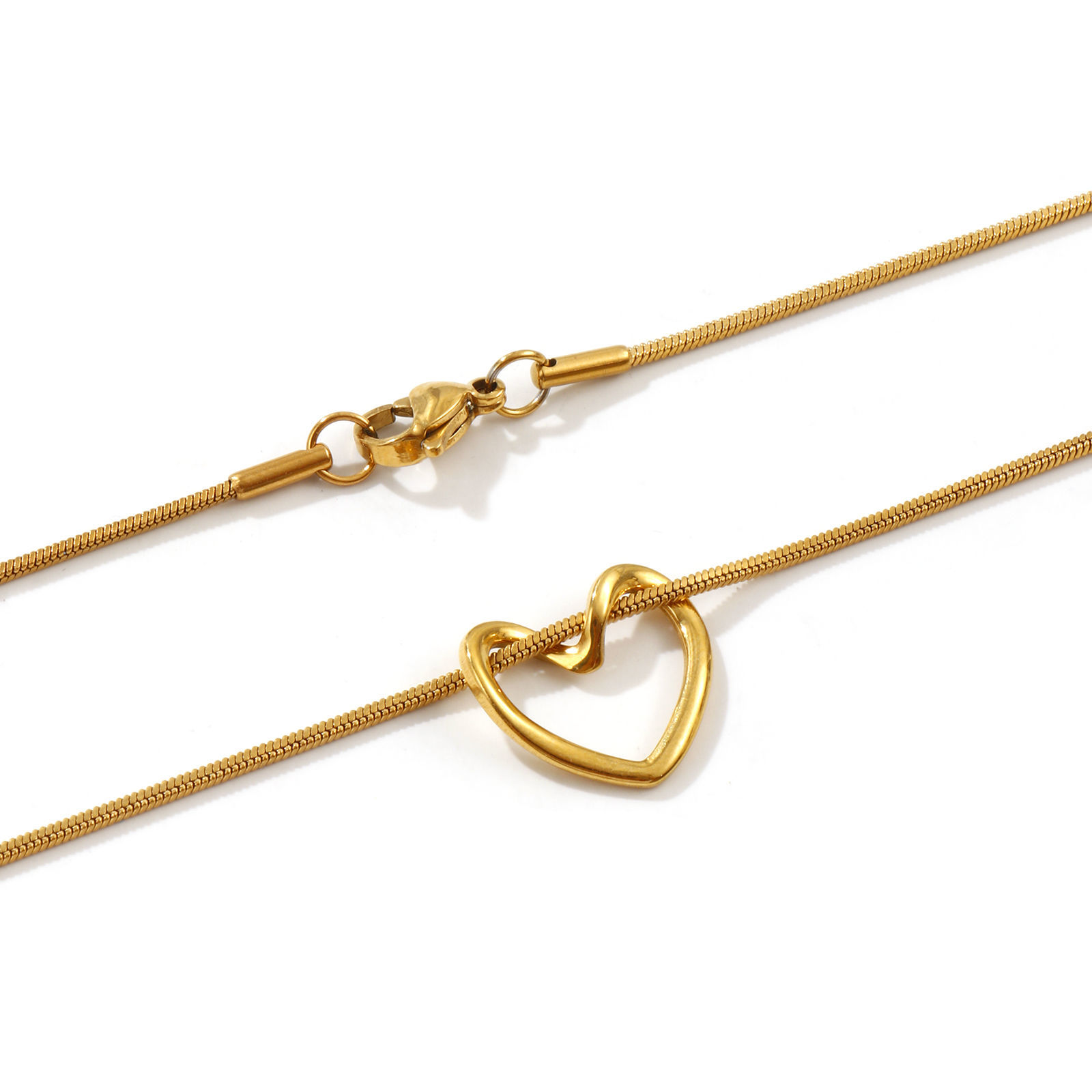Изображение 18K настоящее золото с покрытием квадратная змеевидная цепь Сердце Ожерелье с подвеской, 304 Нержавеющая Сталь 45см, Для женщин, День святого Валентина Изысканный подарок, Экологичное вакуумное PVD-покрытие, 1 ШТ