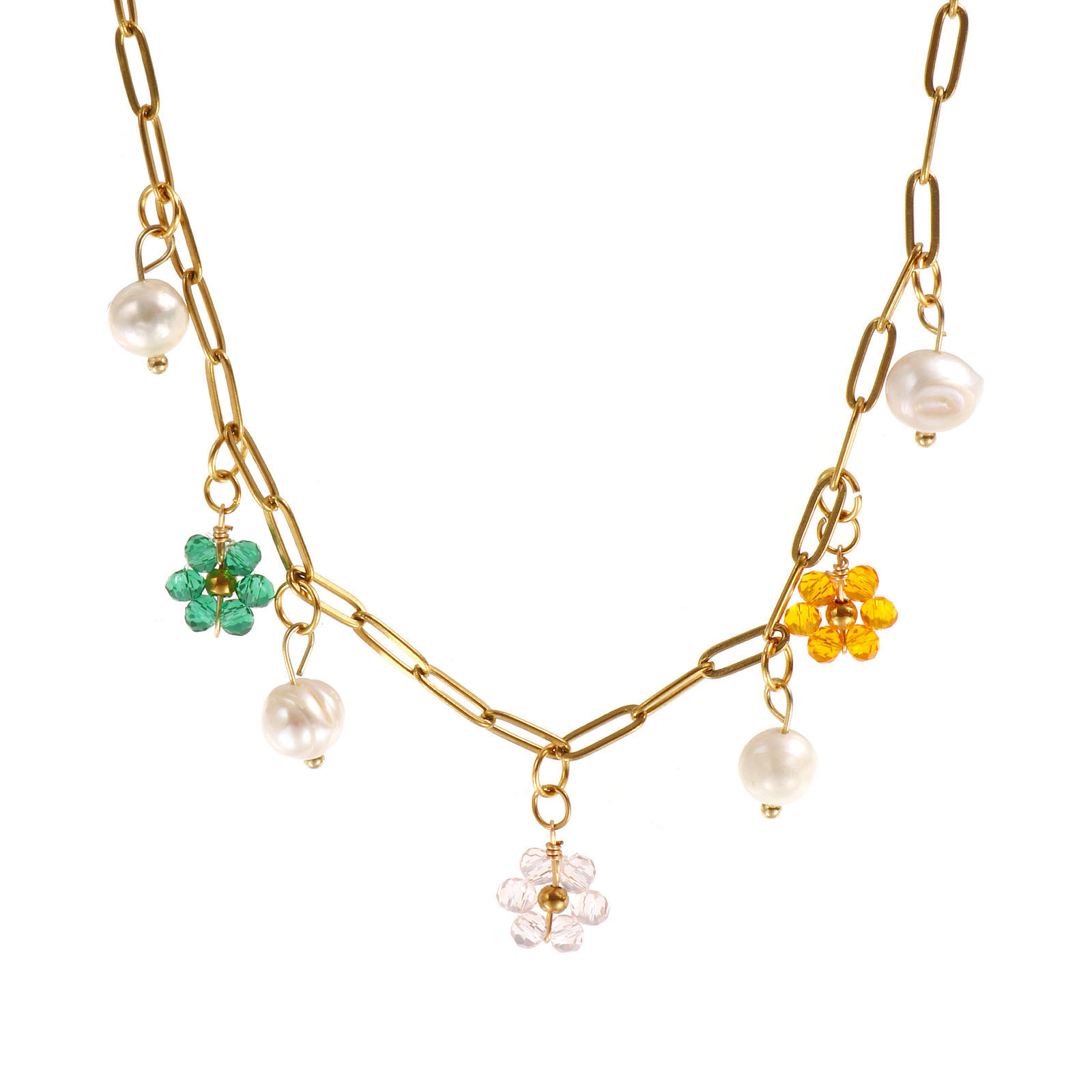 Picture of 18K Real Gold Plated Paperclip Link Chain Flower Pendant Charm Necklace, 304 Stainless Steel & Natural Pearl 42cm(16.5") + 5cm(2"), For Women, Multicolor Exquisite Natural Pastoral Gift, Eco-friendly PVD Vacuum Plating, 1 Piece