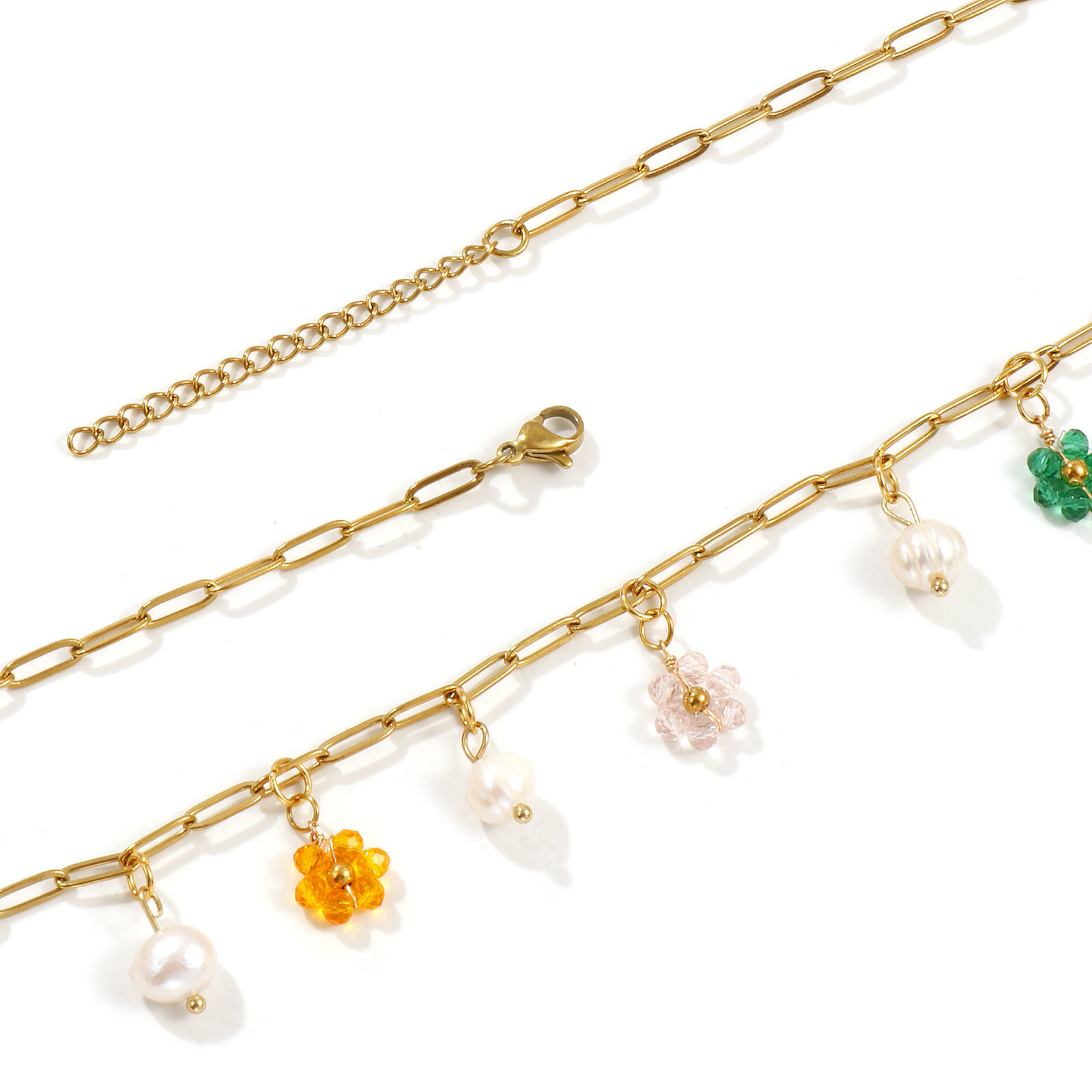 Picture of 18K Real Gold Plated Paperclip Link Chain Flower Pendant Charm Necklace, 304 Stainless Steel & Natural Pearl 42cm(16.5") + 5cm(2"), For Women, Multicolor Exquisite Natural Pastoral Gift, Eco-friendly PVD Vacuum Plating, 1 Piece