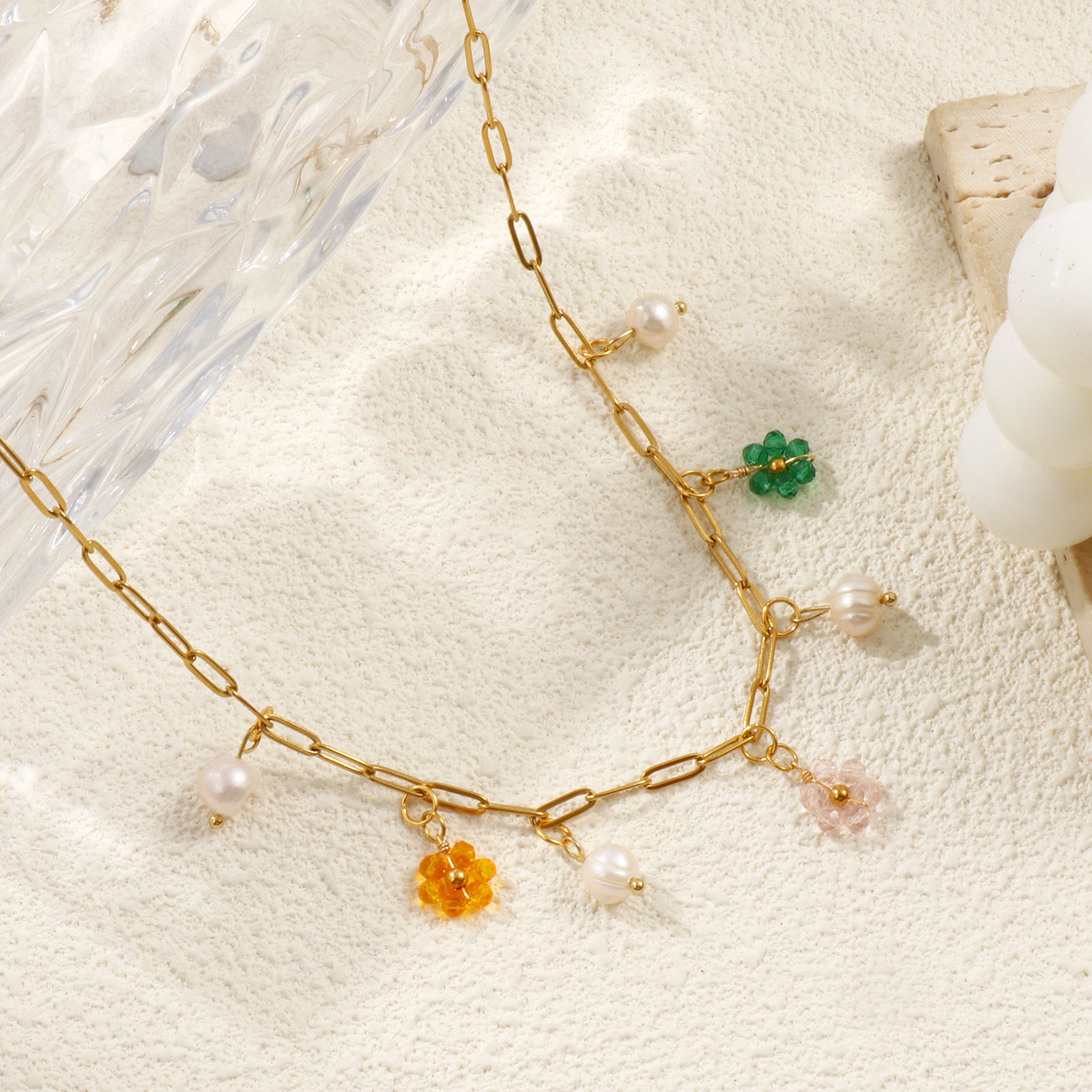 Picture of 18K Real Gold Plated Paperclip Link Chain Flower Pendant Charm Necklace, 304 Stainless Steel & Natural Pearl 42cm(16.5") + 5cm(2"), For Women, Multicolor Exquisite Natural Pastoral Gift, Eco-friendly PVD Vacuum Plating, 1 Piece