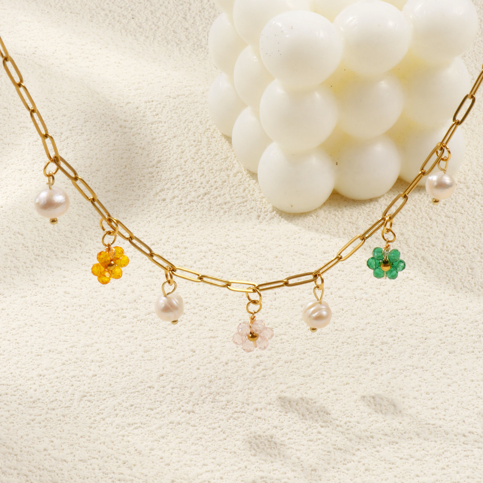 Picture of 18K Real Gold Plated Paperclip Link Chain Flower Pendant Charm Necklace, 304 Stainless Steel & Natural Pearl 42cm(16.5") + 5cm(2"), For Women, Multicolor Exquisite Natural Pastoral Gift, Eco-friendly PVD Vacuum Plating, 1 Piece