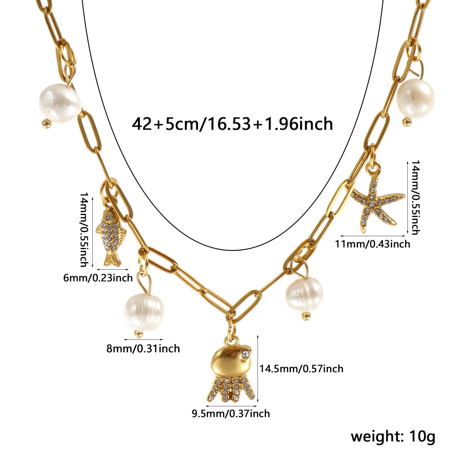 Изображение 18K настоящее золото с покрытием Цепочка зажимов Осьминог Ожерелье с подвеской, Нержавеющая сталь 304 и натуральный жемчуг 42см + 5см, Для женщин, Прозрачный Искусственный Циркон Белый Морские Украшения Стильный подарок, Экологичное вакуумное PVD-покрытие, 1 ШТ