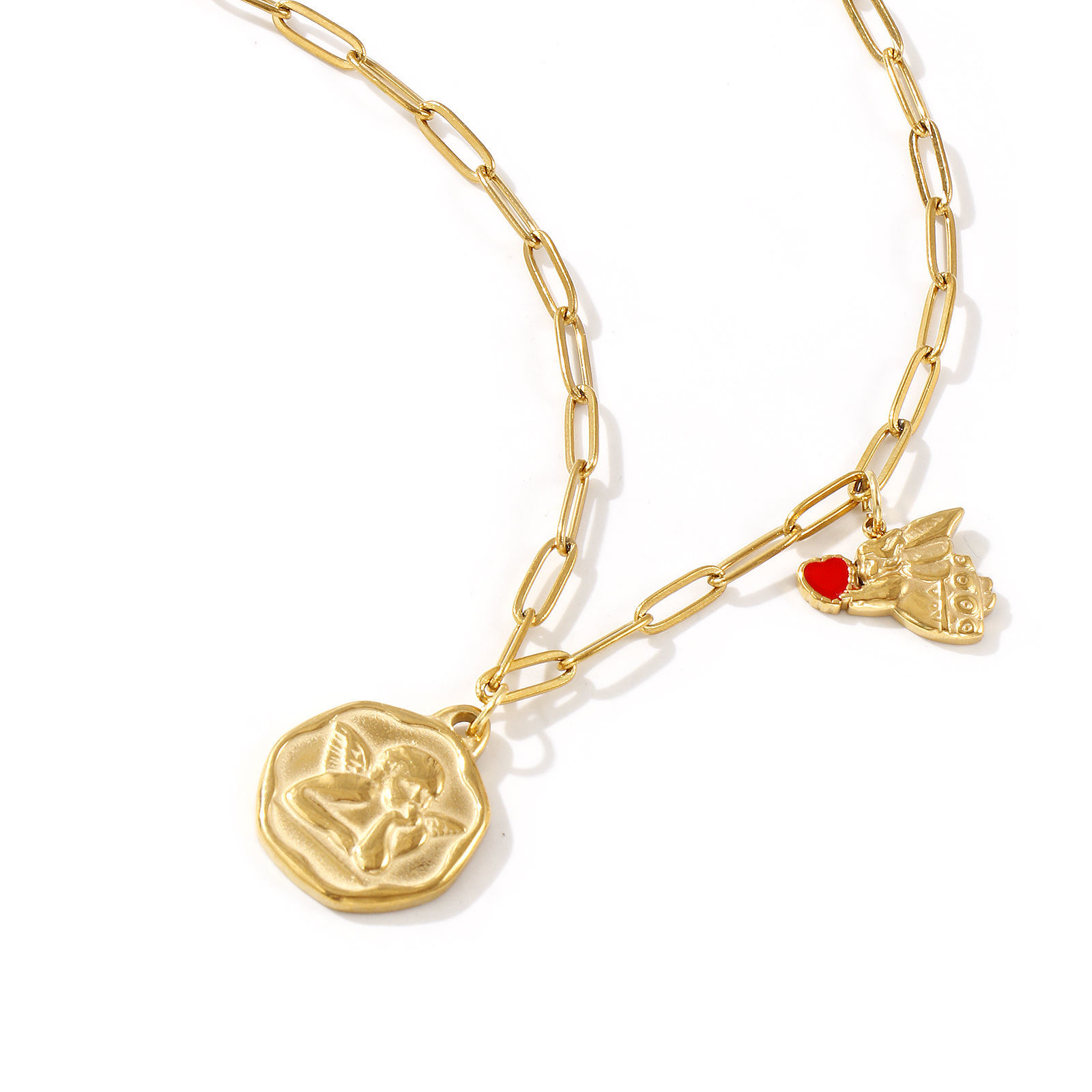 Изображение 18K Real Gold Plated Paperclip Link Chain Irregular Pendant Charm Necklace, 304 Stainless Steel 42cm(16.5") + 5cm(2"), For Women, Angel Red Enamel Religious Retro Gift, Eco-friendly PVD Vacuum Plating, 1 Piece