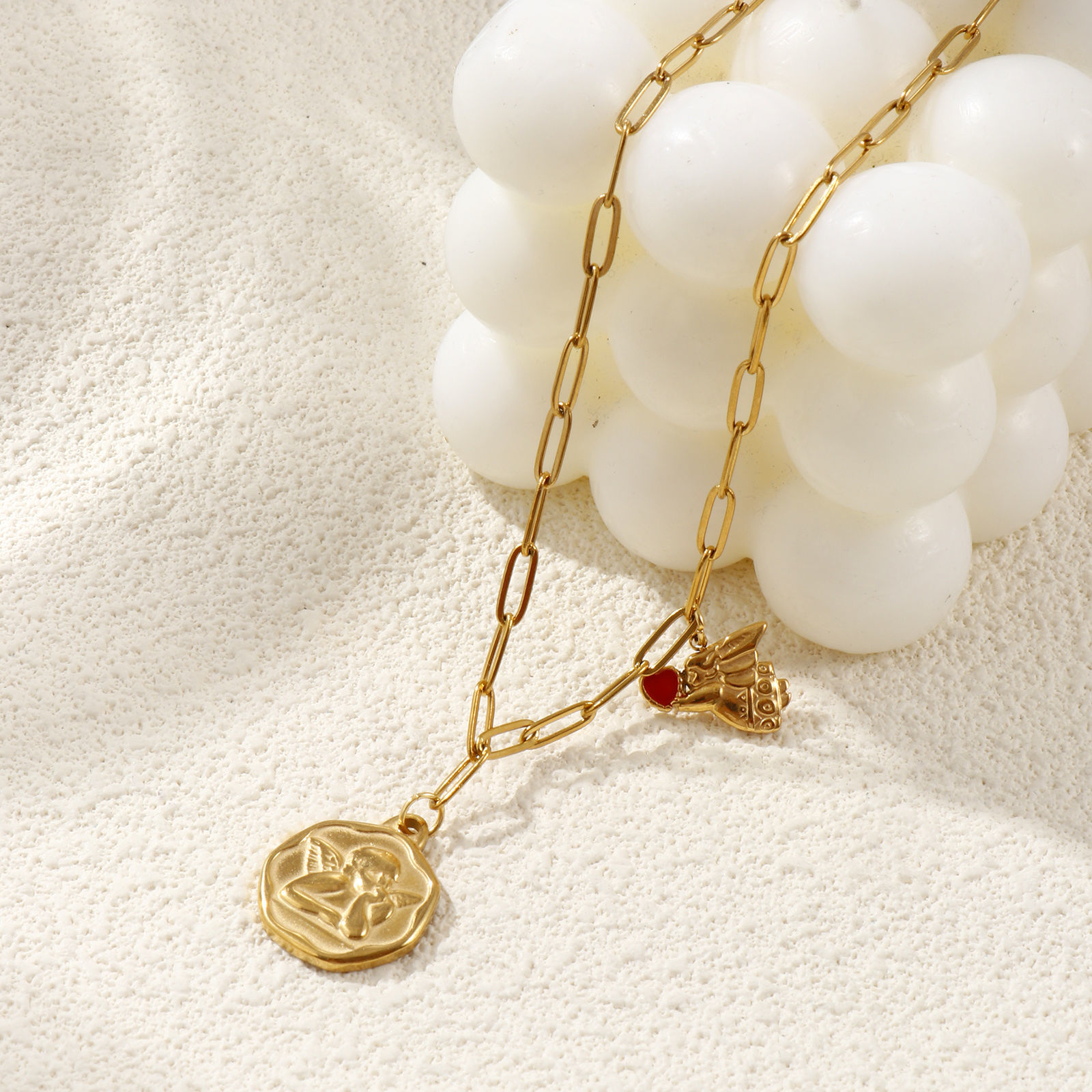 Изображение 18K Real Gold Plated Paperclip Link Chain Irregular Pendant Charm Necklace, 304 Stainless Steel 42cm(16.5") + 5cm(2"), For Women, Angel Red Enamel Religious Retro Gift, Eco-friendly PVD Vacuum Plating, 1 Piece