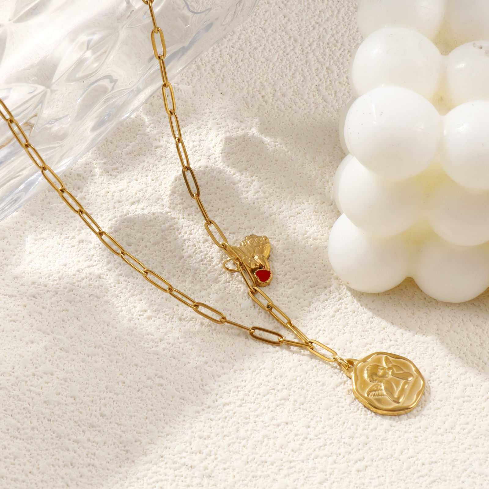 Изображение 18K Real Gold Plated Paperclip Link Chain Irregular Pendant Charm Necklace, 304 Stainless Steel 42cm(16.5") + 5cm(2"), For Women, Angel Red Enamel Religious Retro Gift, Eco-friendly PVD Vacuum Plating, 1 Piece