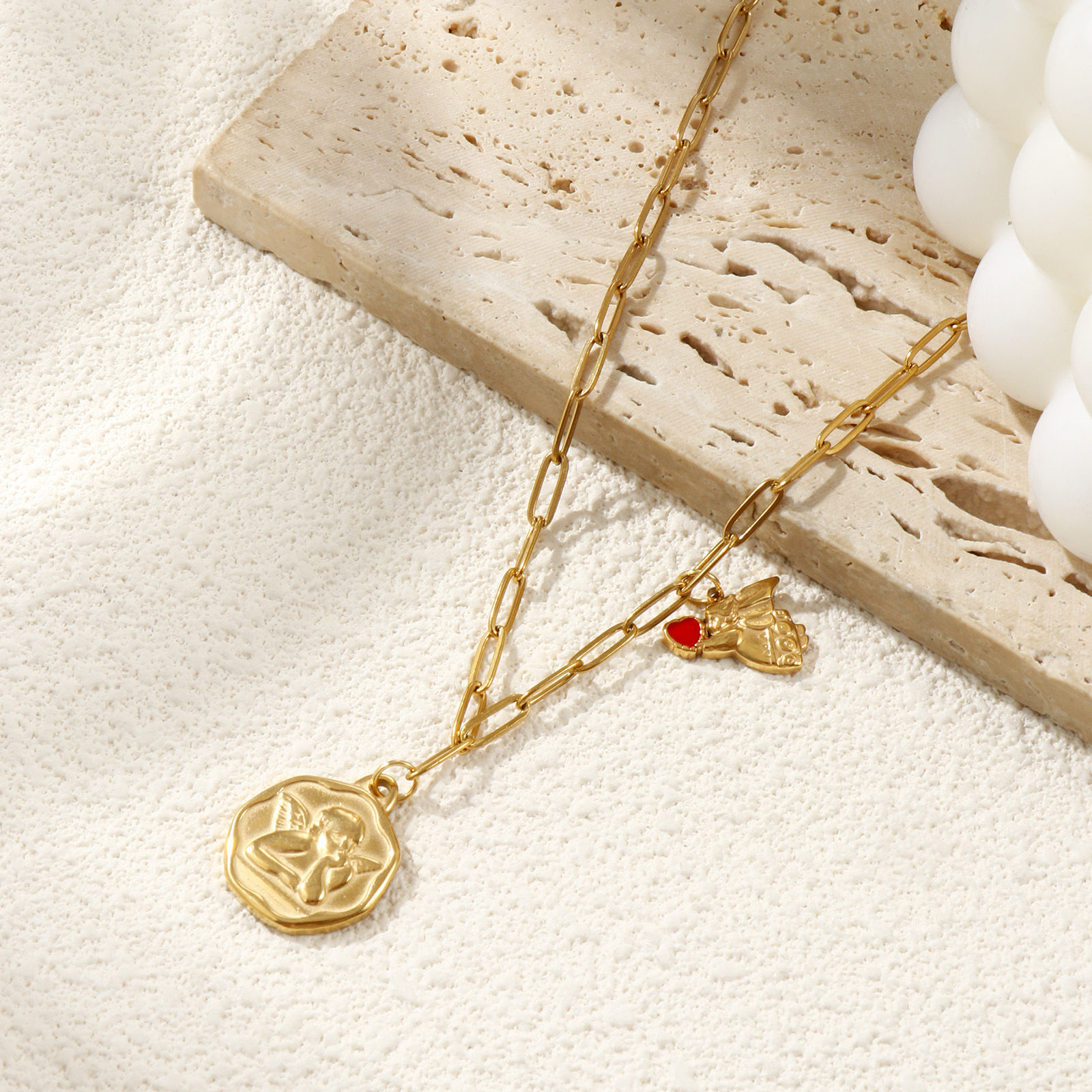 Изображение 18K Real Gold Plated Paperclip Link Chain Irregular Pendant Charm Necklace, 304 Stainless Steel 42cm(16.5") + 5cm(2"), For Women, Angel Red Enamel Religious Retro Gift, Eco-friendly PVD Vacuum Plating, 1 Piece