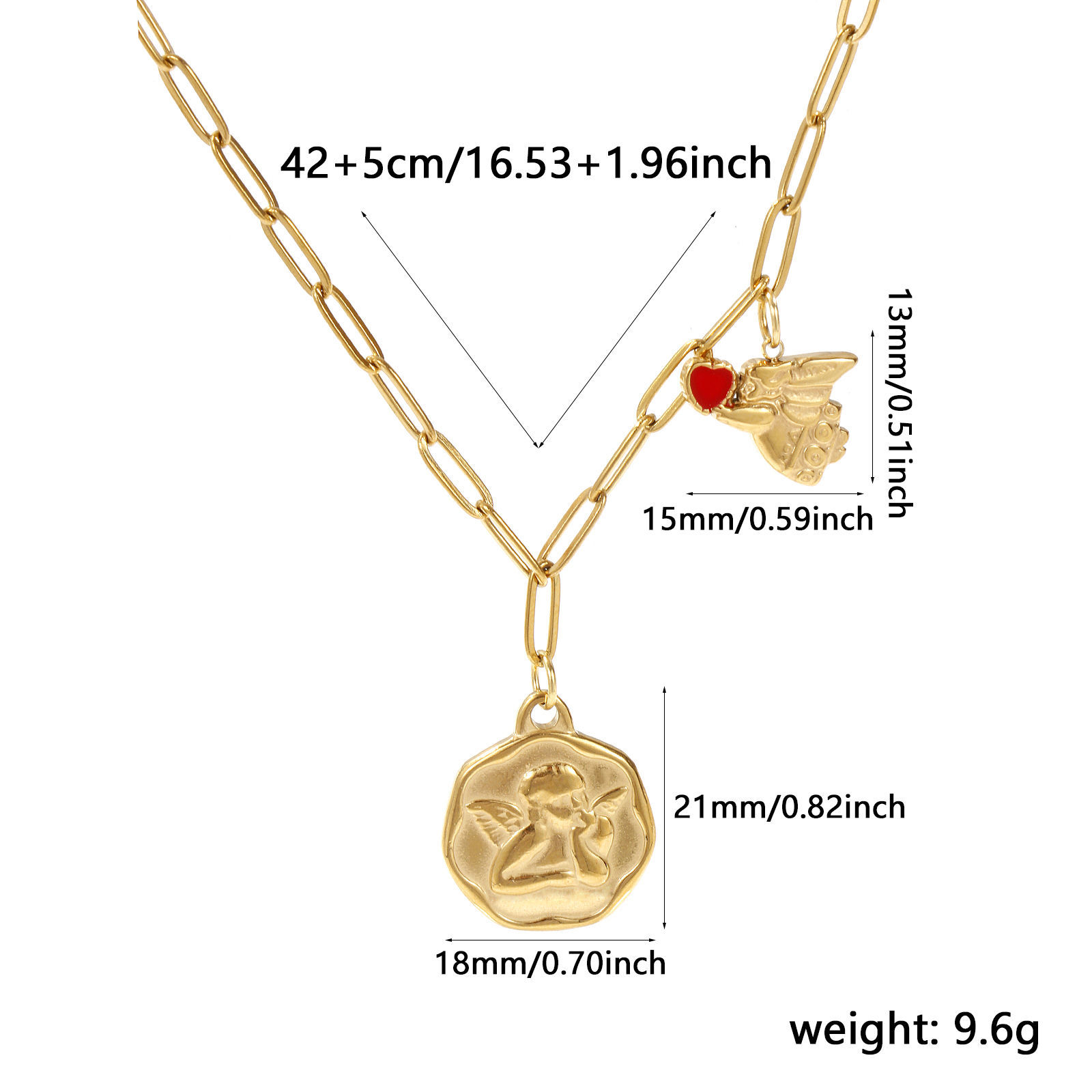 Изображение 18K Real Gold Plated Paperclip Link Chain Irregular Pendant Charm Necklace, 304 Stainless Steel 42cm(16.5") + 5cm(2"), For Women, Angel Red Enamel Religious Retro Gift, Eco-friendly PVD Vacuum Plating, 1 Piece