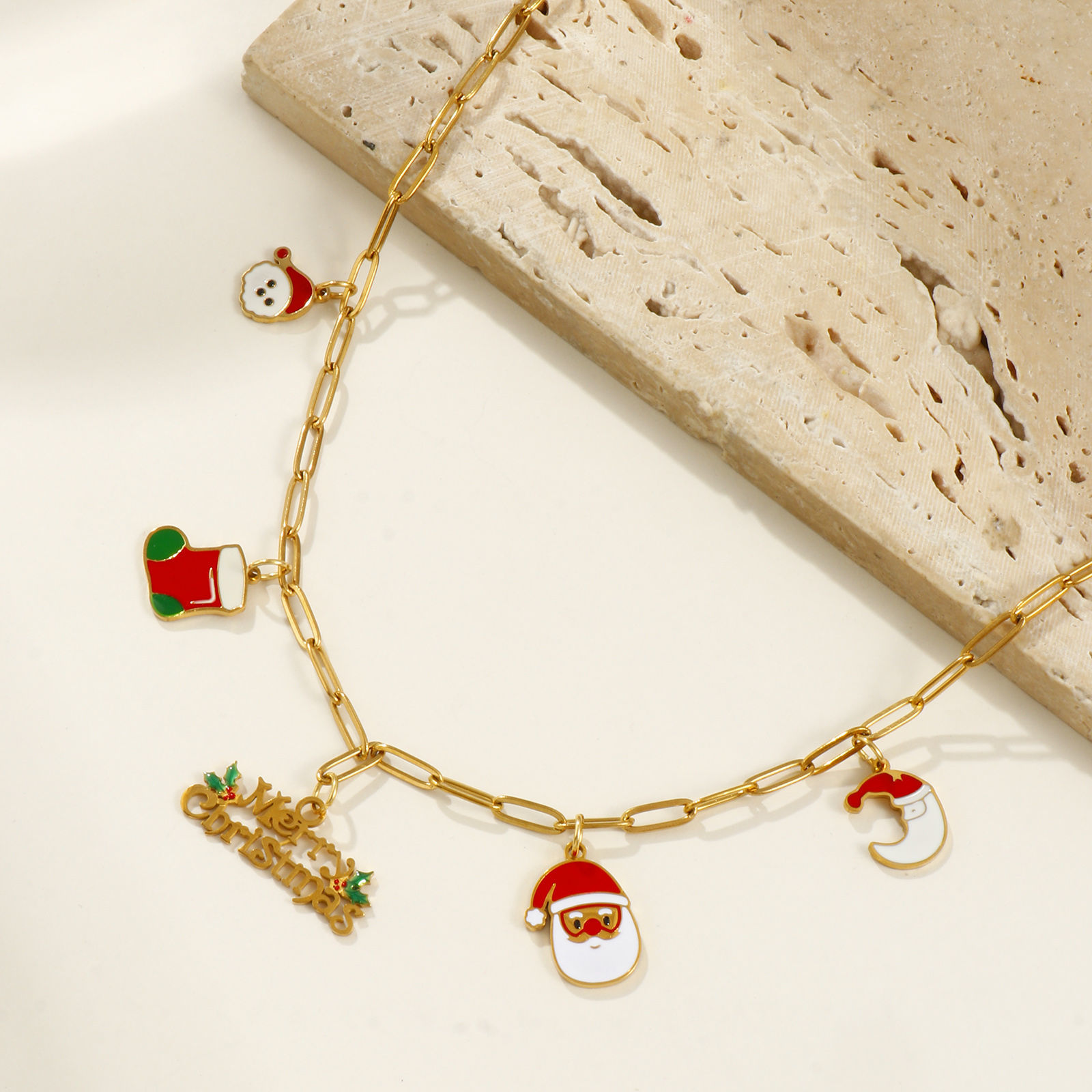 Изображение 18K настоящее золото с покрытием Цепочка зажимов Рождественский Снеговик Ожерелье с подвеской, 304 Нержавеющая Сталь 42см + 5см, Для женщин, Сообщение " Merry Christmas " Разноцветный С Эмалью Милый Стильный подарок, Экологичное вакуумное PVD-покрытие, 1 ШТ