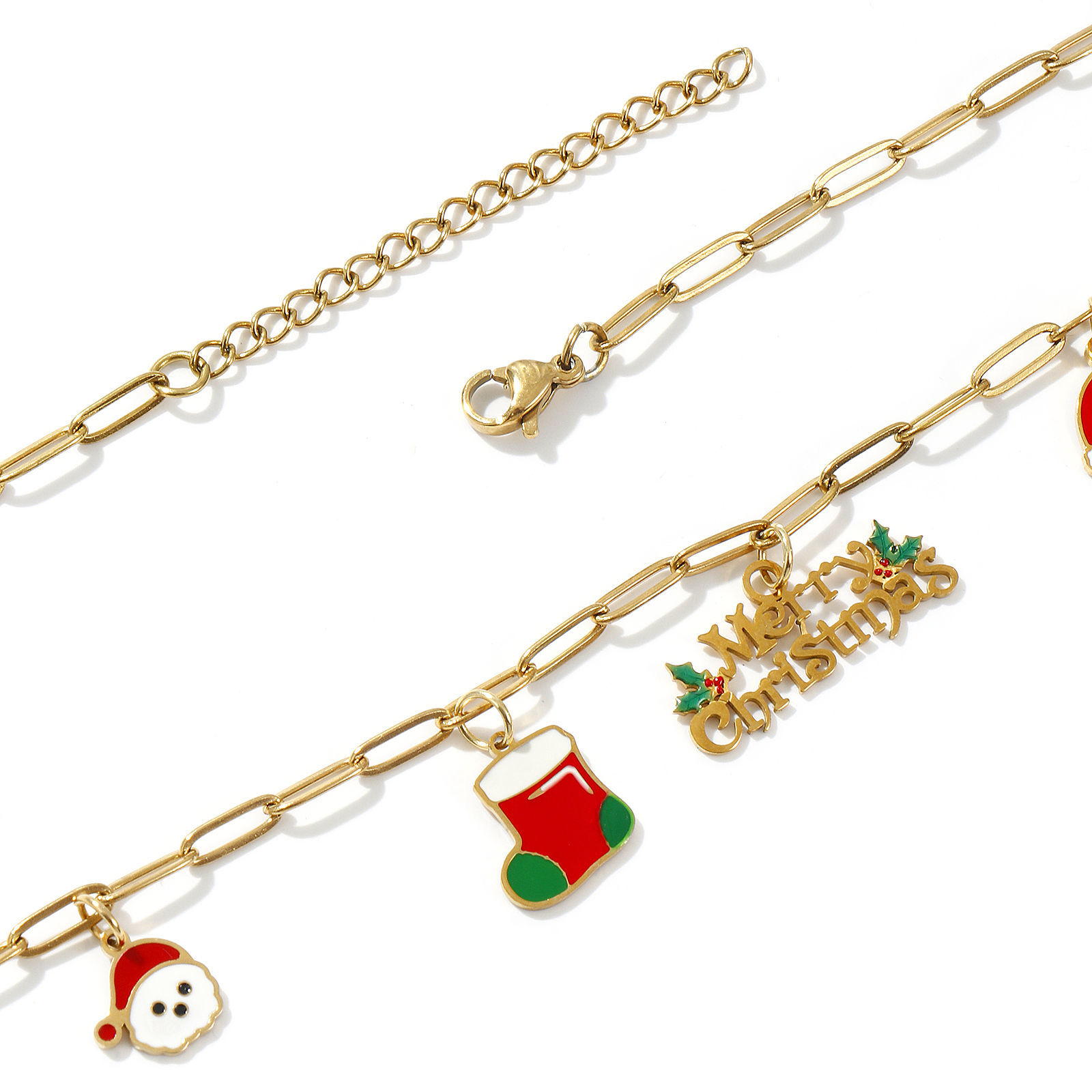 Изображение 18K настоящее золото с покрытием Цепочка зажимов Рождественский Снеговик Ожерелье с подвеской, 304 Нержавеющая Сталь 42см + 5см, Для женщин, Сообщение " Merry Christmas " Разноцветный С Эмалью Милый Стильный подарок, Экологичное вакуумное PVD-покрытие, 1 ШТ