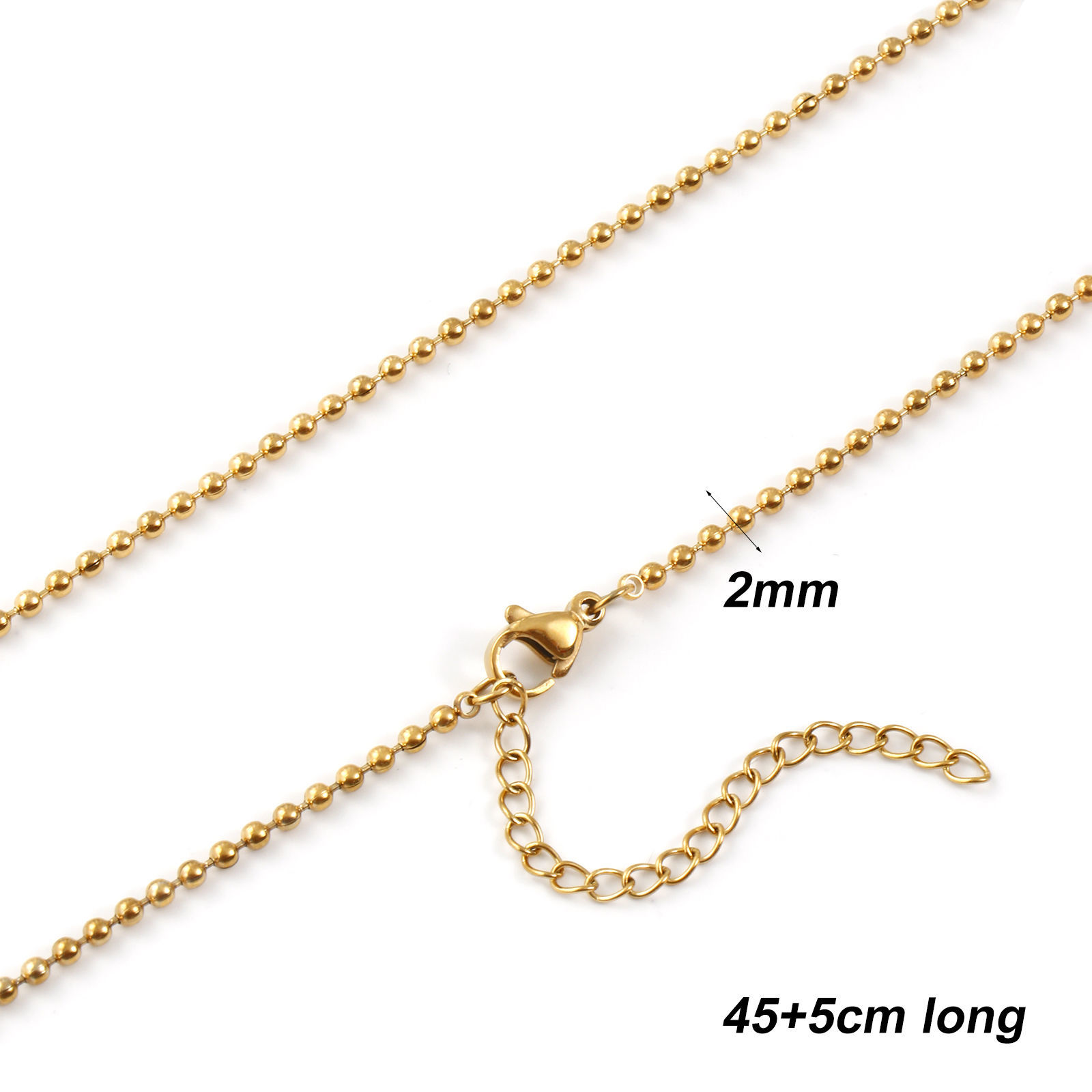 Picture of 2 PCs 18K Real Gold Plated Ball Chain Necklace, 304 Stainless Steel 45cm(17.7") + 5cm(2"), Chain Size: 2mm, For Women, Minimalist Exquisite Gift, Eco-friendly PVD Vacuum Plating
