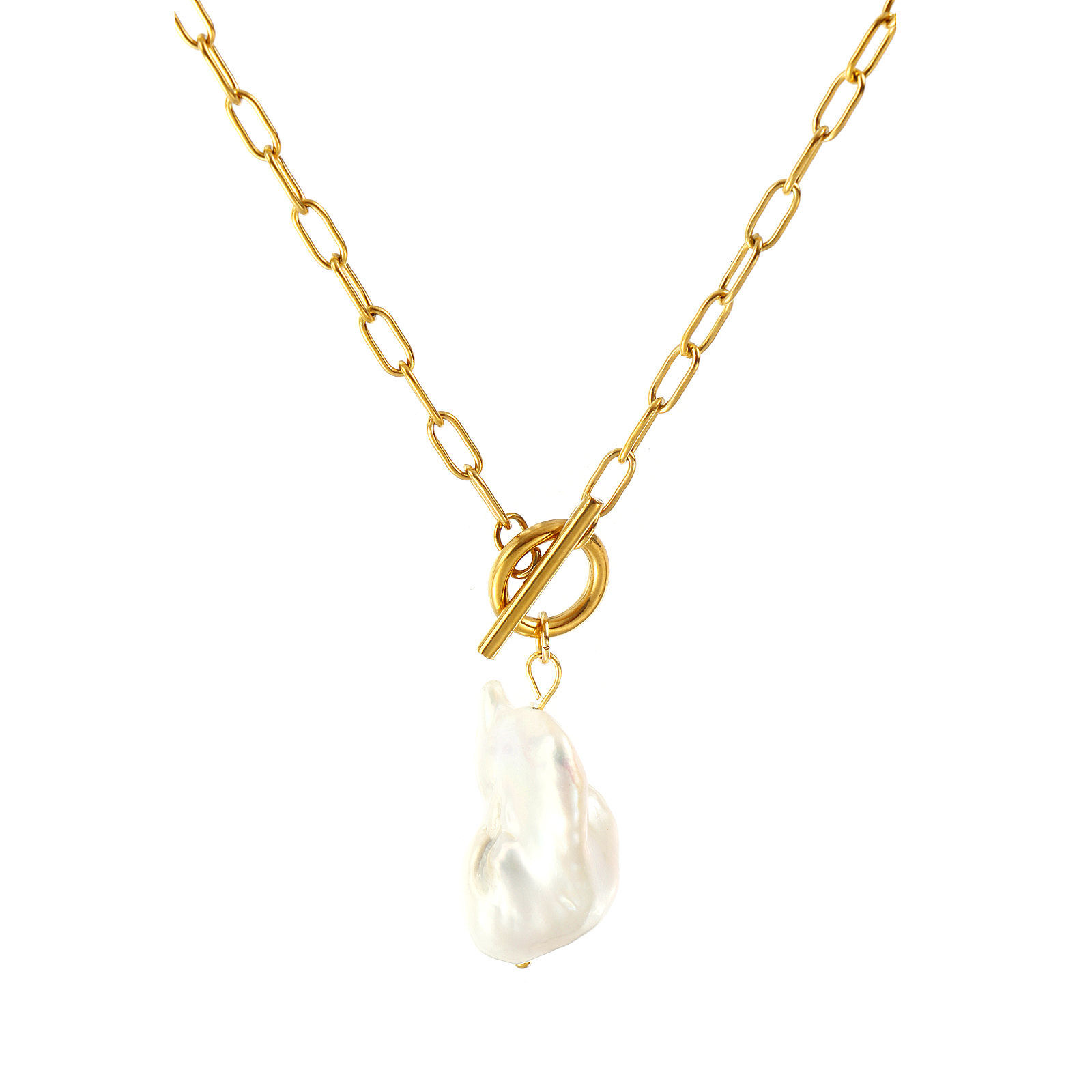Изображение 18K Real Gold Plated Paperclip Link Chain Irregular Pendant Charm Necklace, 304 Stainless Steel & Natural Pearl 45cm(17.7"), For Women, White Baroque Dainty Gift, Eco-friendly PVD Vacuum Plating, 1 Piece