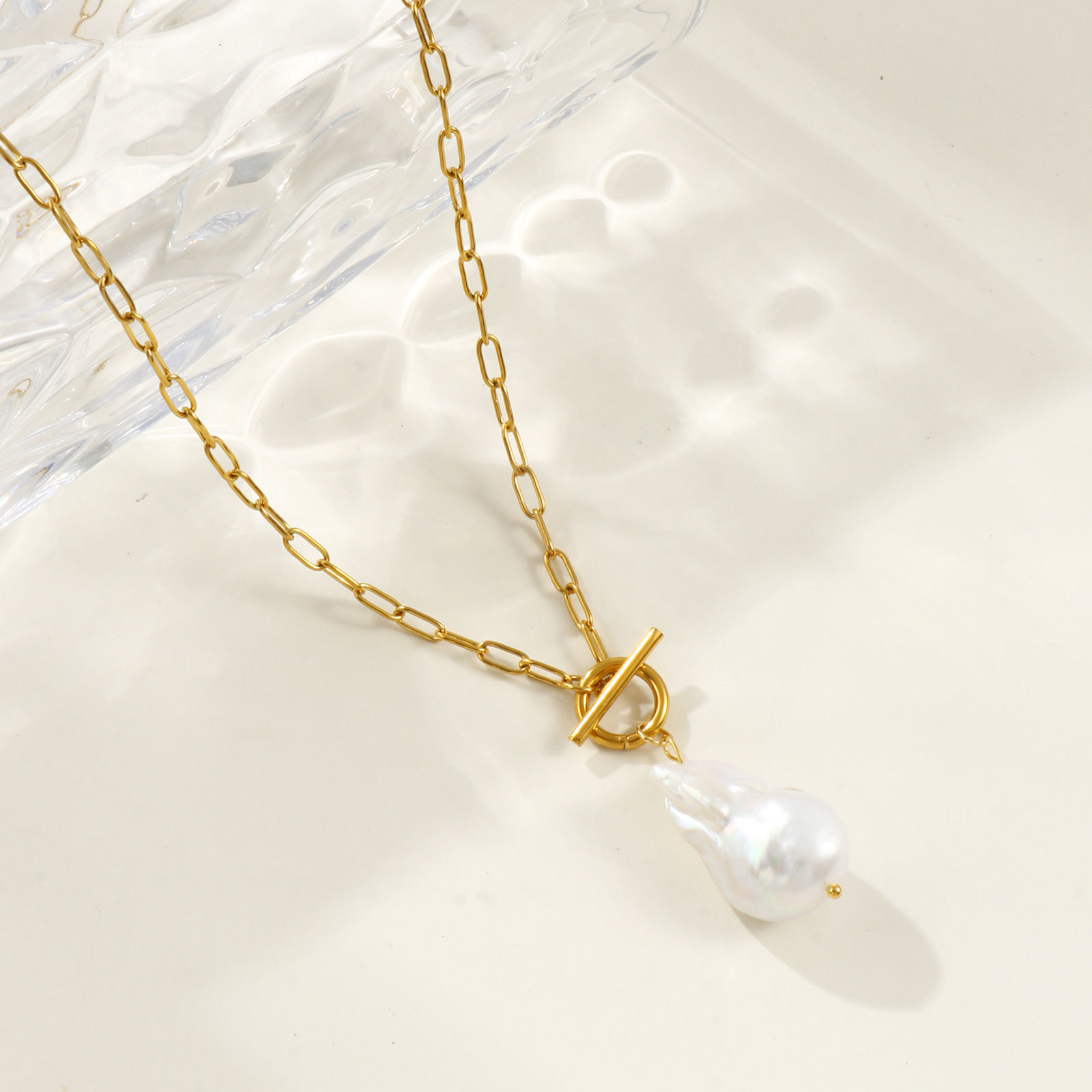 Изображение 18K Real Gold Plated Paperclip Link Chain Irregular Pendant Charm Necklace, 304 Stainless Steel & Natural Pearl 45cm(17.7"), For Women, White Baroque Dainty Gift, Eco-friendly PVD Vacuum Plating, 1 Piece