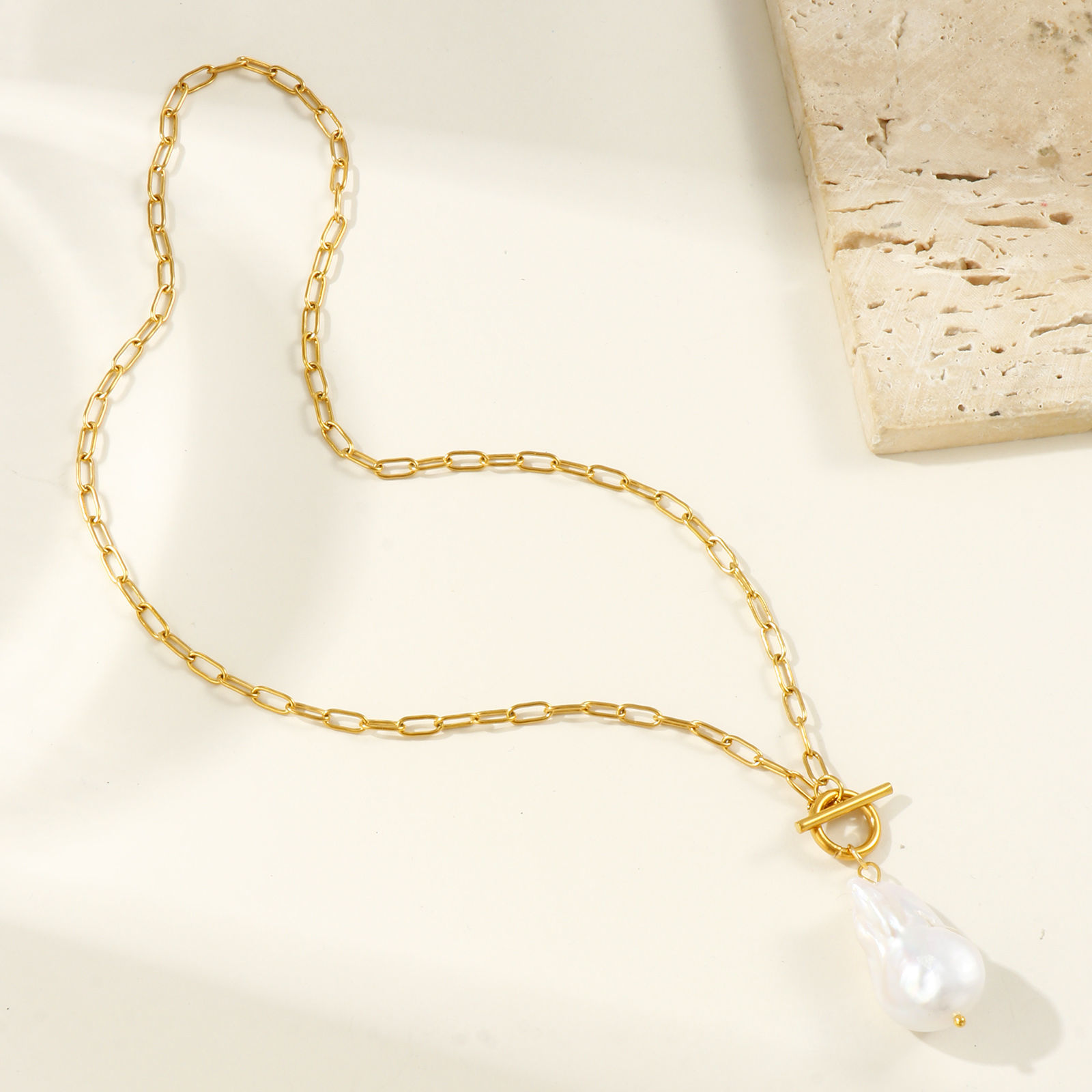 Изображение 18K Real Gold Plated Paperclip Link Chain Irregular Pendant Charm Necklace, 304 Stainless Steel & Natural Pearl 45cm(17.7"), For Women, White Baroque Dainty Gift, Eco-friendly PVD Vacuum Plating, 1 Piece