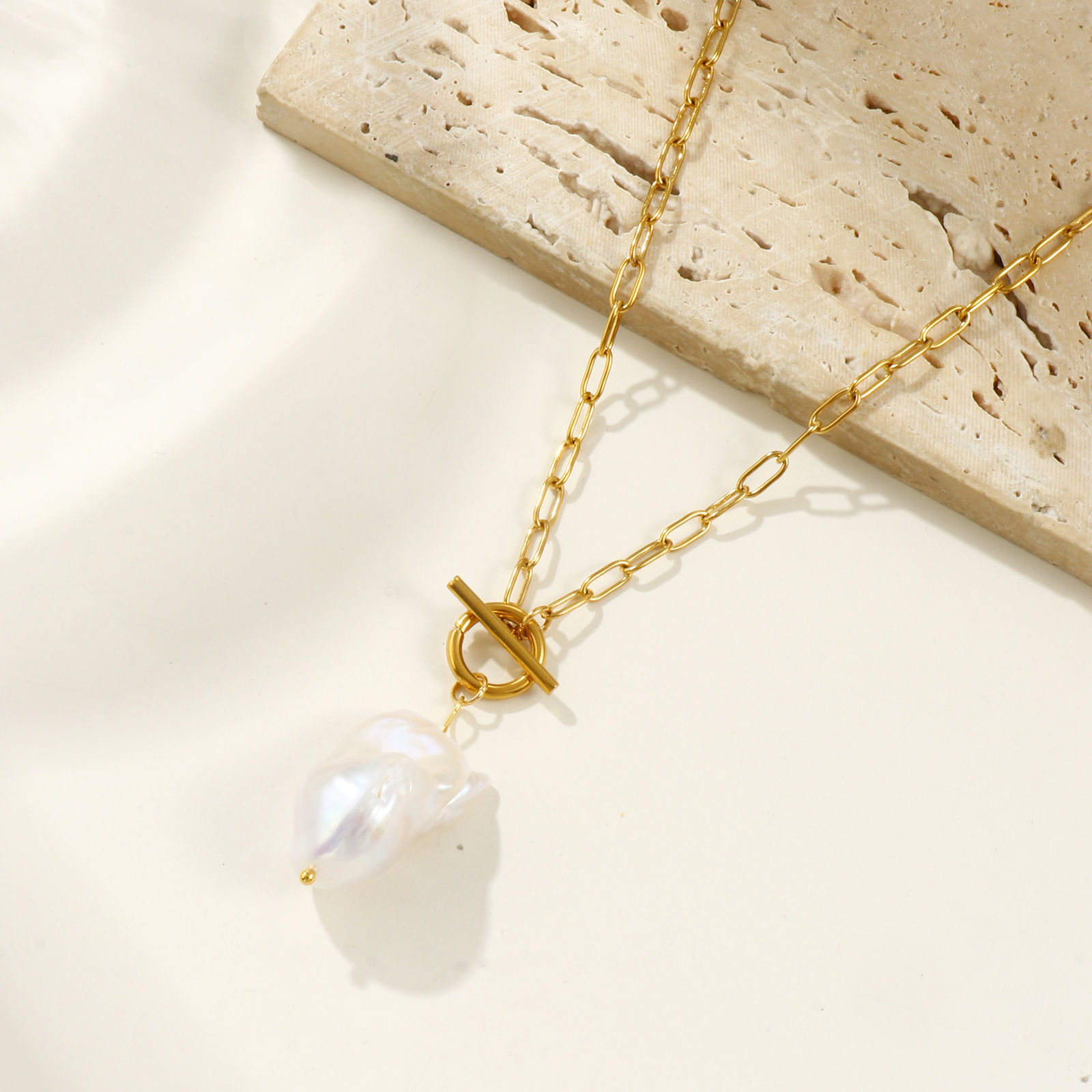 Изображение 18K Real Gold Plated Paperclip Link Chain Irregular Pendant Charm Necklace, 304 Stainless Steel & Natural Pearl 45cm(17.7"), For Women, White Baroque Dainty Gift, Eco-friendly PVD Vacuum Plating, 1 Piece