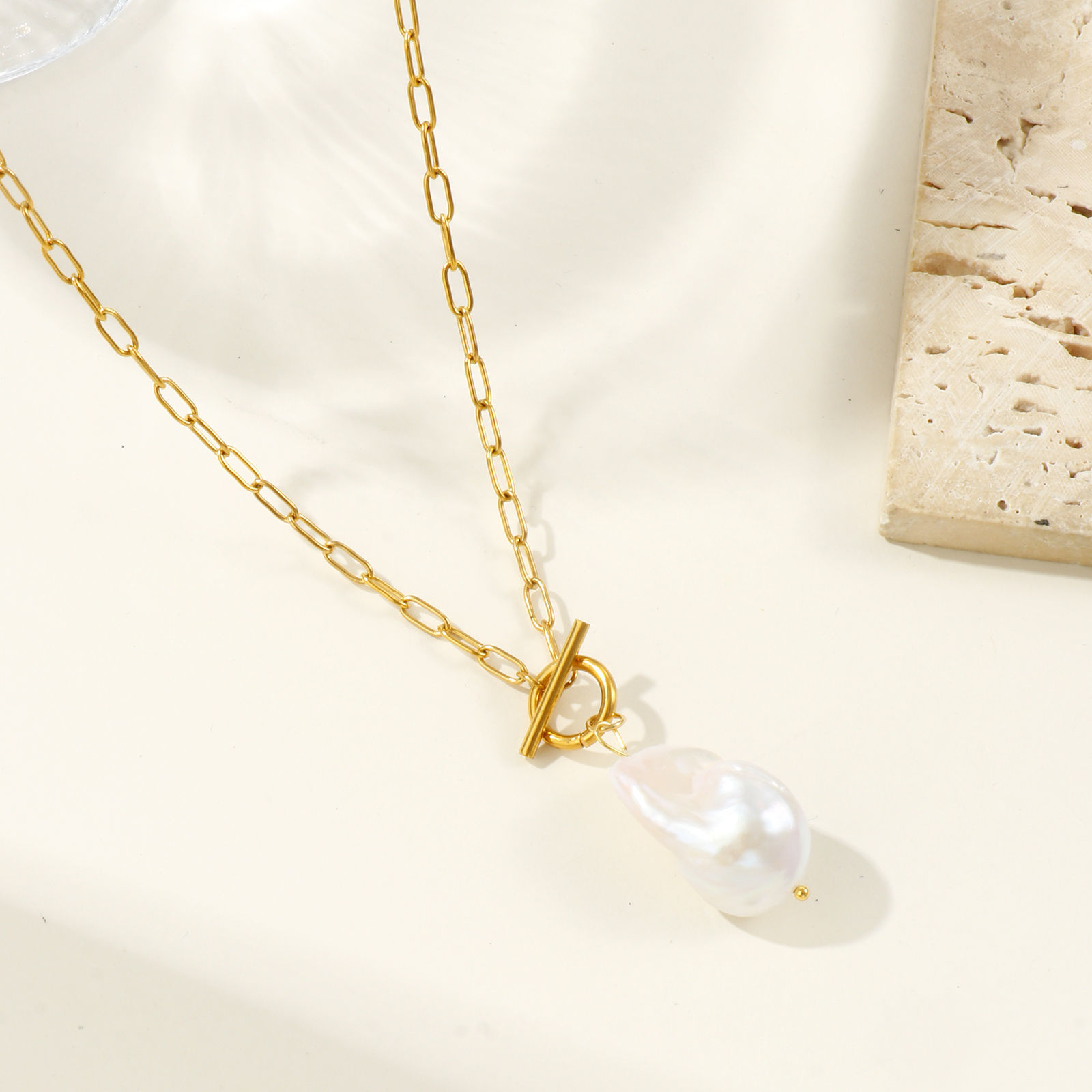 Изображение 18K Real Gold Plated Paperclip Link Chain Irregular Pendant Charm Necklace, 304 Stainless Steel & Natural Pearl 45cm(17.7"), For Women, White Baroque Dainty Gift, Eco-friendly PVD Vacuum Plating, 1 Piece