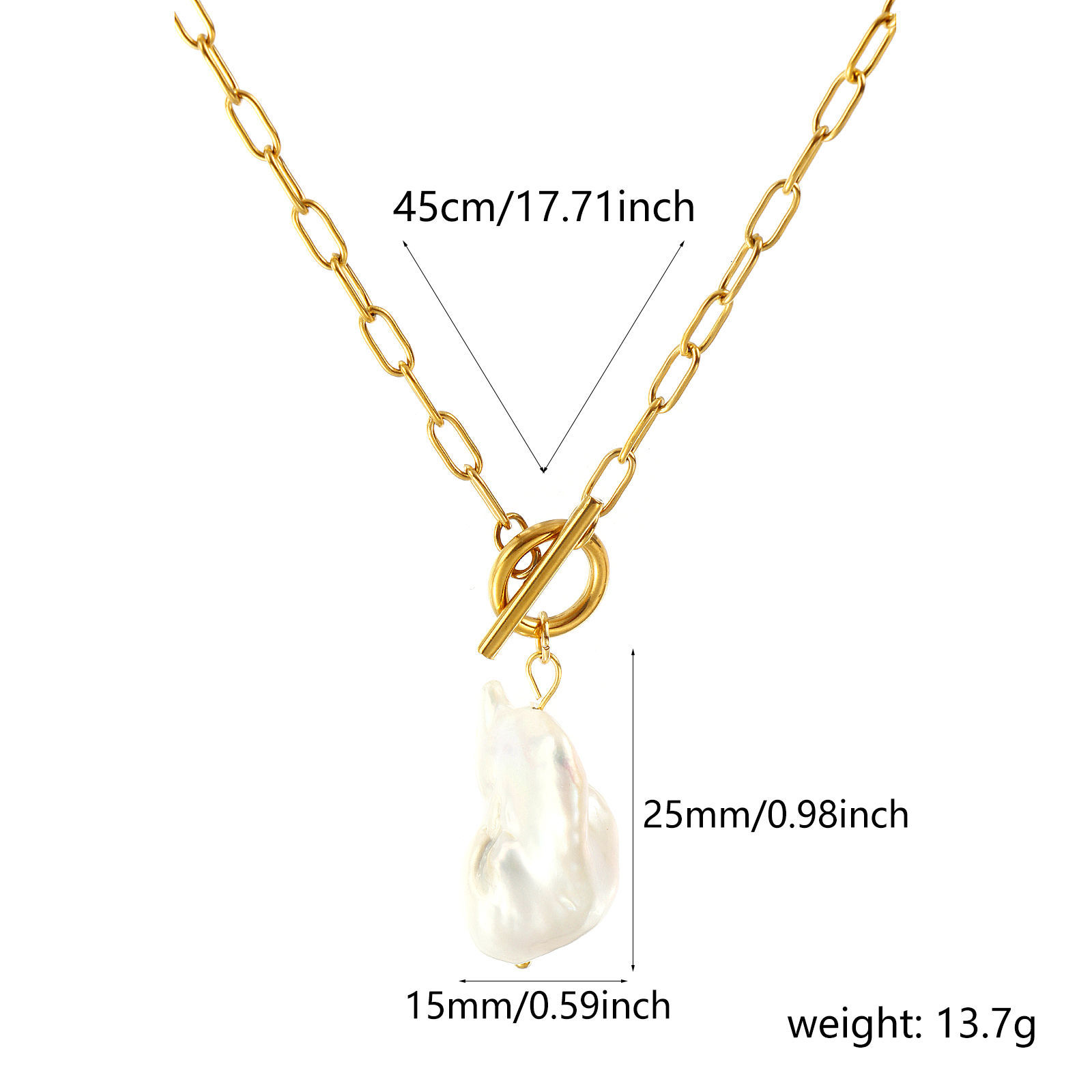 Изображение 18K Real Gold Plated Paperclip Link Chain Irregular Pendant Charm Necklace, 304 Stainless Steel & Natural Pearl 45cm(17.7"), For Women, White Baroque Dainty Gift, Eco-friendly PVD Vacuum Plating, 1 Piece