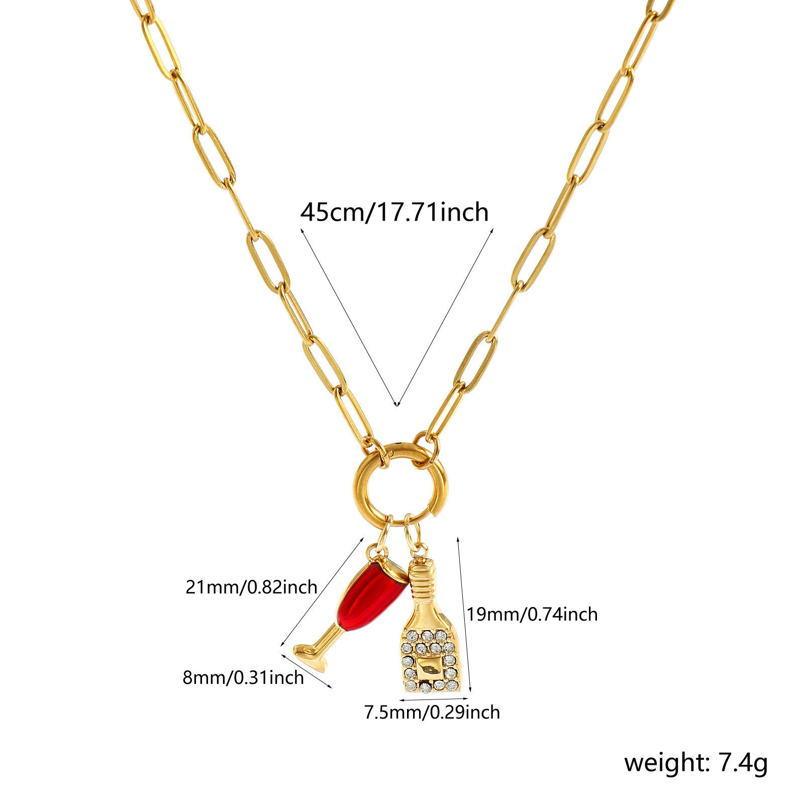 Изображение 18K настоящее золото с покрытием Цепочка зажимов Фиал Ожерелье с подвеской, 304 Нержавеющая Сталь 45см, Для женщин, Прозрачный Искусственный Циркон Красный С Эмалью Бижутерия усыпанная мелким фианит, Изысканный Стильный подарок, Экологичное вакуумное PVD-покрытие Водонепроницаемый Антиоксидантный Гипоаллергенный, 1 ШТ