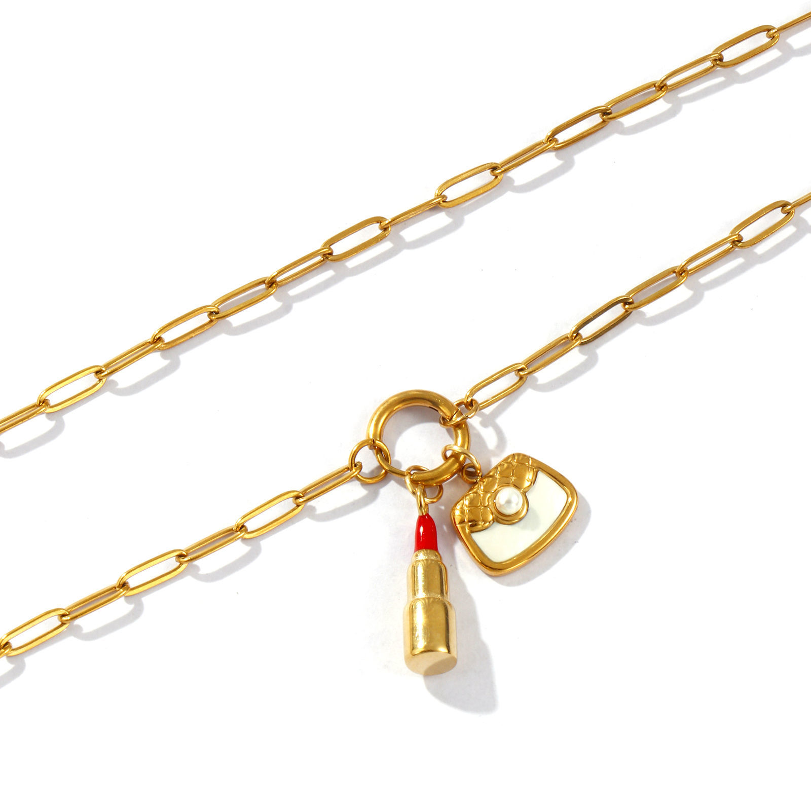 Immagine di 18K Vero Oro Placcato Catena a Graffetta Rossetto Collana con Ciondolo, 304 Acciaio Inossidabile & Conchiglie Naturali 45cm, Per Donne, Rosso Smalto Perla Imitato Acrilico, Cosmetico Elegante Regalo, Placcatura Sottovuoto PVD Ecologica Impermeabile Anti-Ossidante Ipoallergenico, 1 Pz