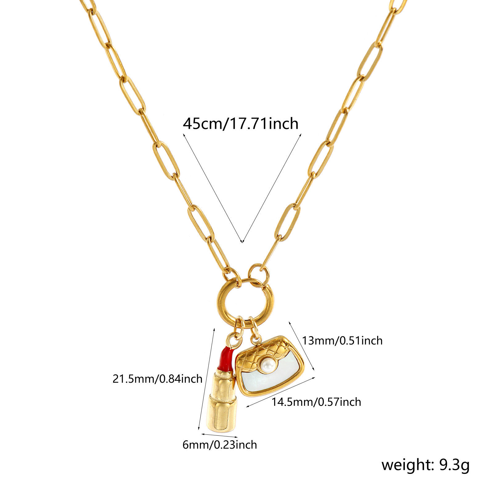 Immagine di 18K Vero Oro Placcato Catena a Graffetta Rossetto Collana con Ciondolo, 304 Acciaio Inossidabile & Conchiglie Naturali 45cm, Per Donne, Rosso Smalto Perla Imitato Acrilico, Cosmetico Elegante Regalo, Placcatura Sottovuoto PVD Ecologica Impermeabile Anti-Ossidante Ipoallergenico, 1 Pz