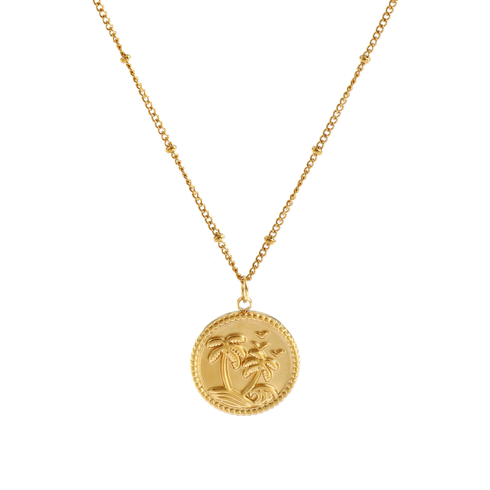 Bild von 18K Echtgold plattiert Panzerkette Kette Rund Scheibe Anhänger Halskette, 304 Edelstahl 45cm + 5cm, Für Frauen, Kokospalme Ozean Schmuck Stilvoll Geschenk, Umweltfreundliche PVD-Vakuumbeschichtung wasserdicht anlaufgeschützt hypoallergen , 1 Strang