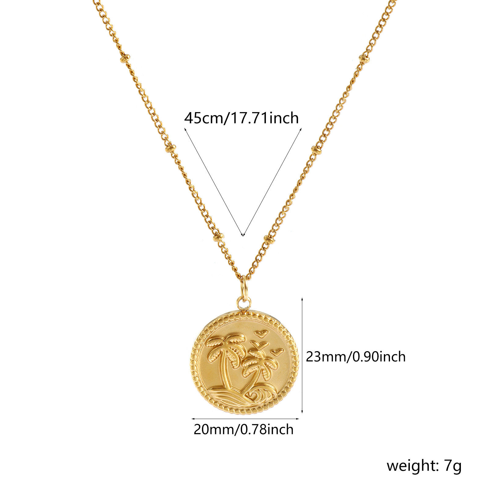 Bild von 18K Echtgold plattiert Panzerkette Kette Rund Scheibe Anhänger Halskette, 304 Edelstahl 45cm + 5cm, Für Frauen, Kokospalme Ozean Schmuck Stilvoll Geschenk, Umweltfreundliche PVD-Vakuumbeschichtung wasserdicht anlaufgeschützt hypoallergen , 1 Strang