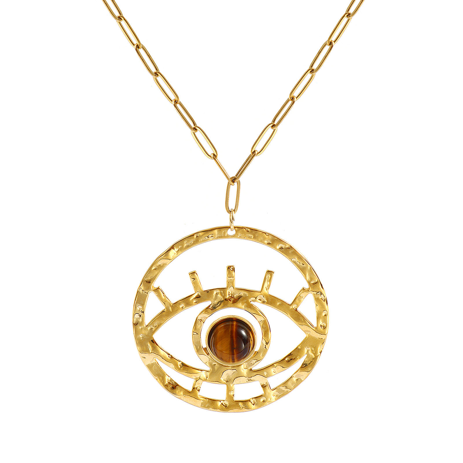 Image de Collier à Breloques œil Plaqué Or Véritable 18K en 304 Acier Inoxydable Imperméable Anti-ternissement Hypoallergénique & Pierres Précieuses Pour Femmes, Chaîne de Trombone 42cm + 5cm, Brun Creux, Exquis À la Mode Cadeau, Revêtement sous Vide PVD Respectueux de l'Environnement, 1 Pièce