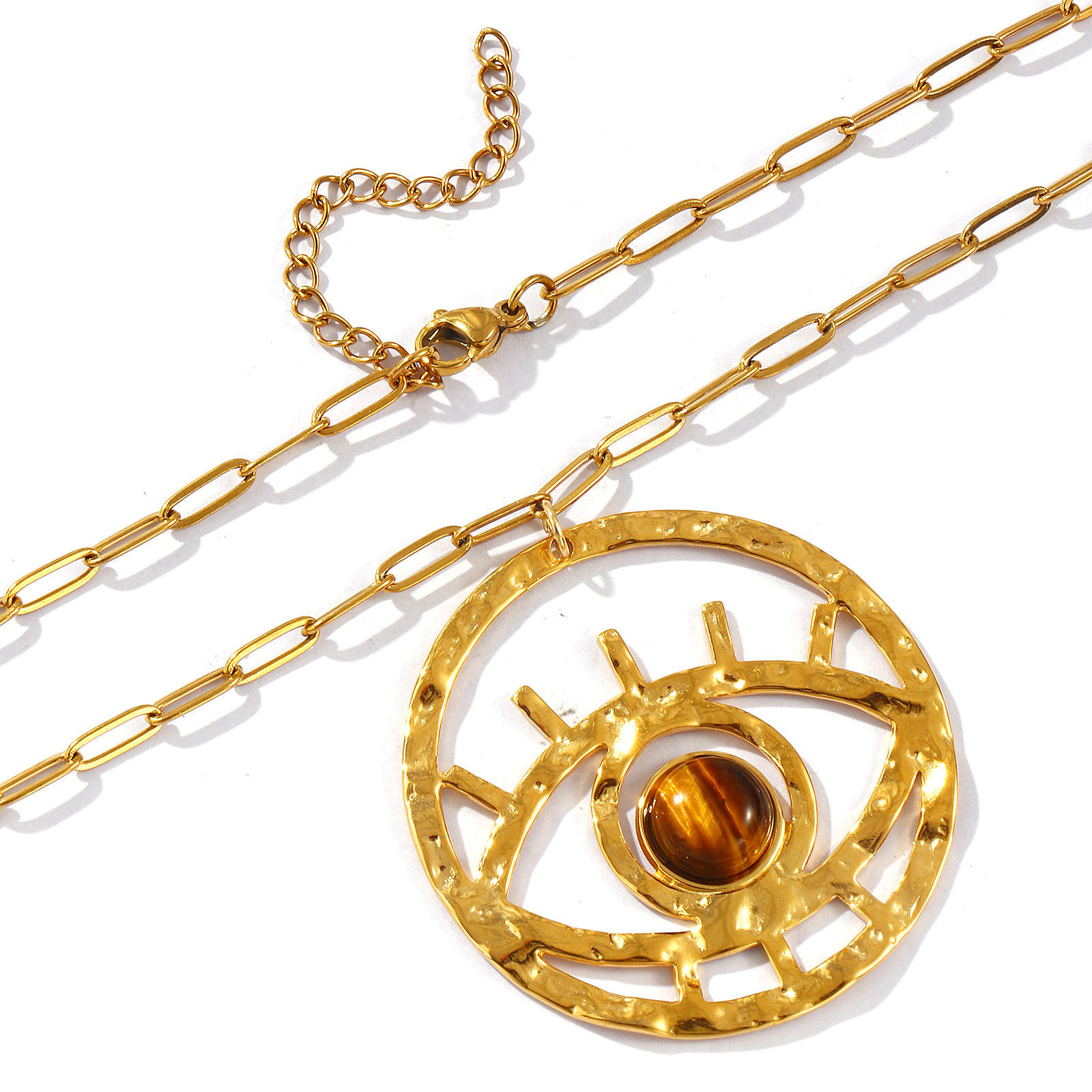 Image de Collier à Breloques œil Plaqué Or Véritable 18K en 304 Acier Inoxydable Imperméable Anti-ternissement Hypoallergénique & Pierres Précieuses Pour Femmes, Chaîne de Trombone 42cm + 5cm, Brun Creux, Exquis À la Mode Cadeau, Revêtement sous Vide PVD Respectueux de l'Environnement, 1 Pièce