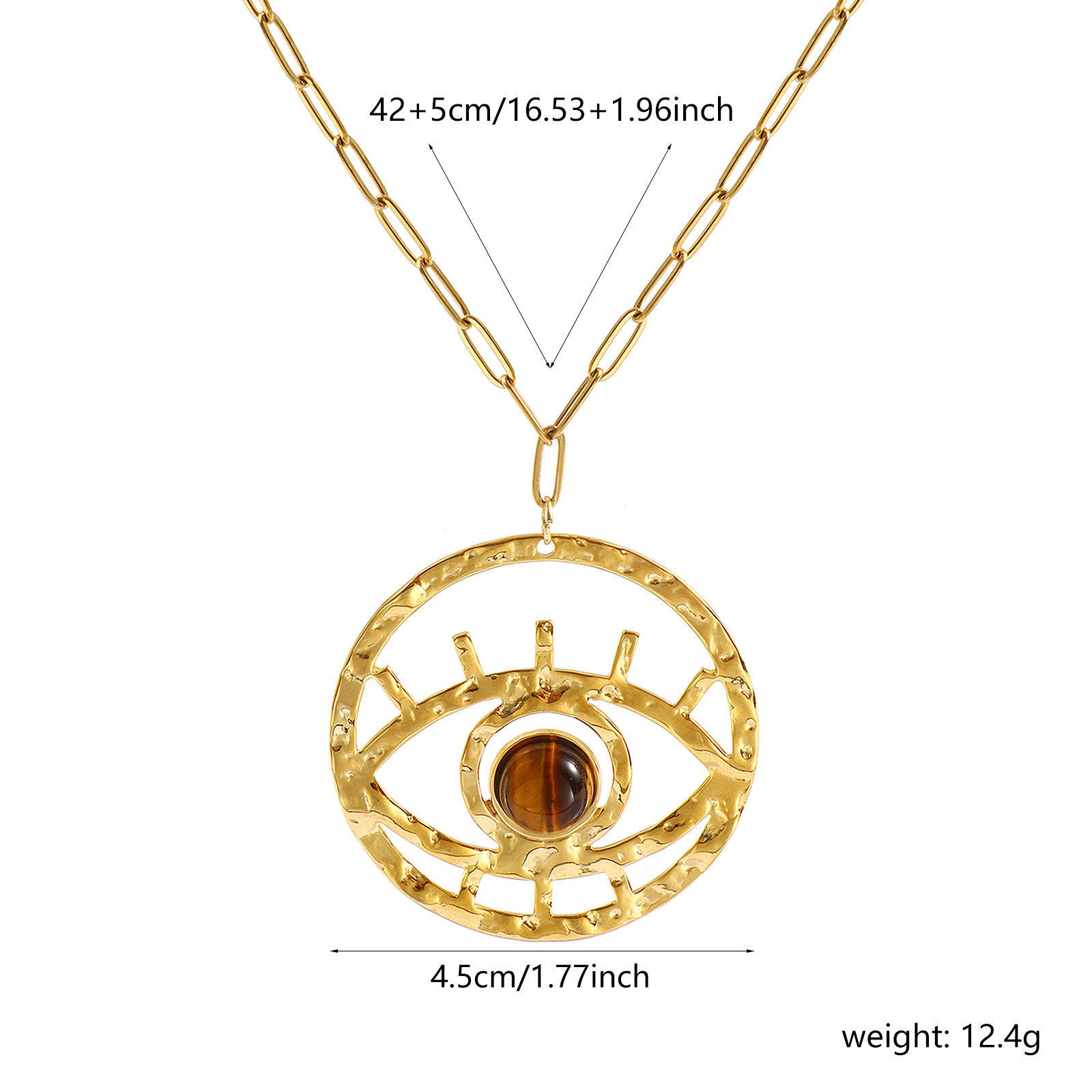 Image de Collier à Breloques œil Plaqué Or Véritable 18K en 304 Acier Inoxydable Imperméable Anti-ternissement Hypoallergénique & Pierres Précieuses Pour Femmes, Chaîne de Trombone 42cm + 5cm, Brun Creux, Exquis À la Mode Cadeau, Revêtement sous Vide PVD Respectueux de l'Environnement, 1 Pièce