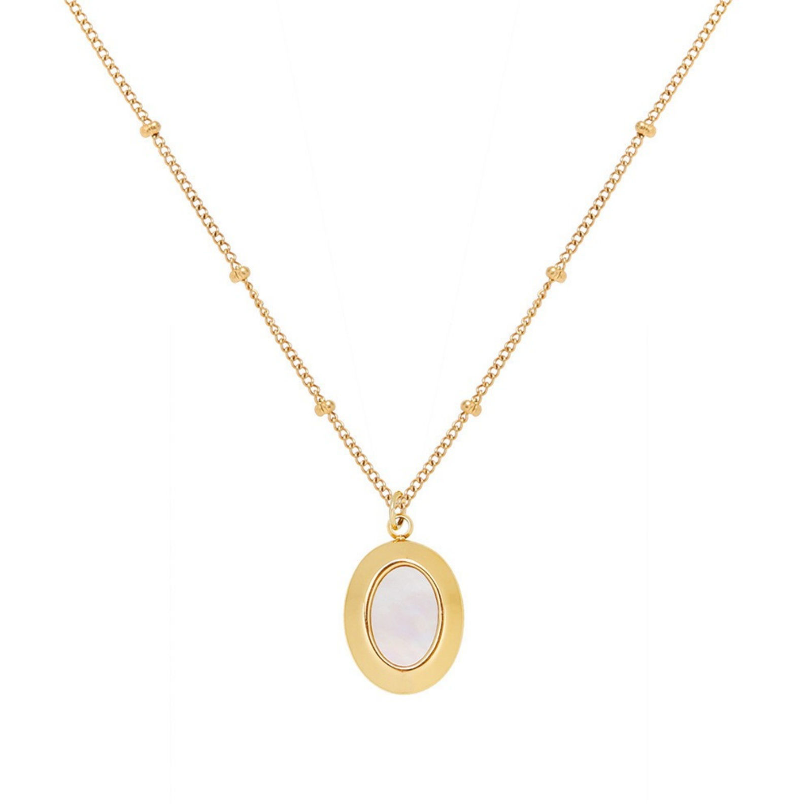 Изображение 18K Gold Plated Oval Pendant Charm Necklace, 304 Stainless Steel & Natural Shell 40cm(15.7") + 5cm(2"), For Women, White Stylish Dainty Gift, Eco-friendly, 1 Piece