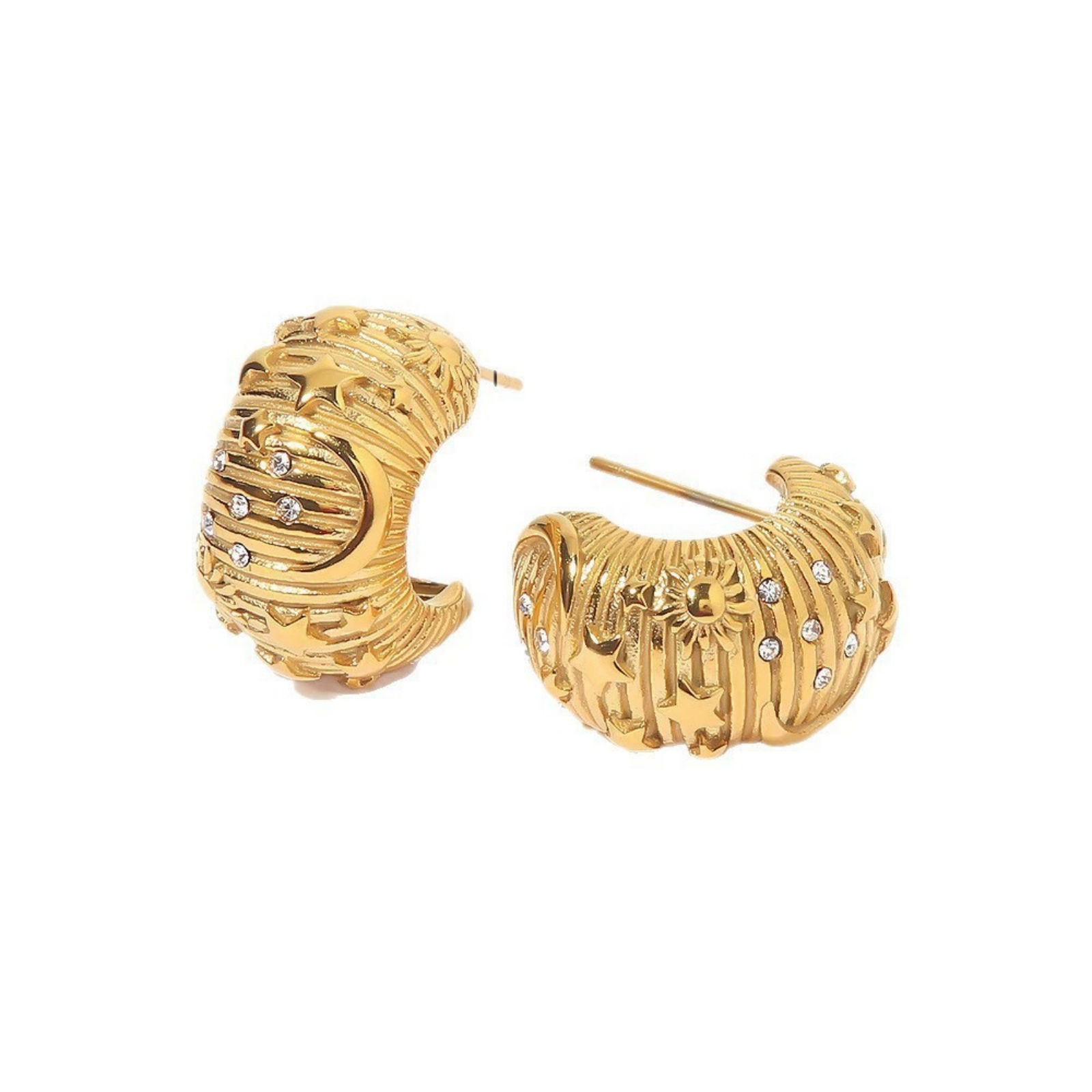 Image de 1 Pair Vacuum Plating Stylish Galaxy 18K Gold Plated 304 Stainless Steel & Cubic Zirconia Half Moon Ear Post Stud Earrings For Women Gift 2cm x 1.1cm