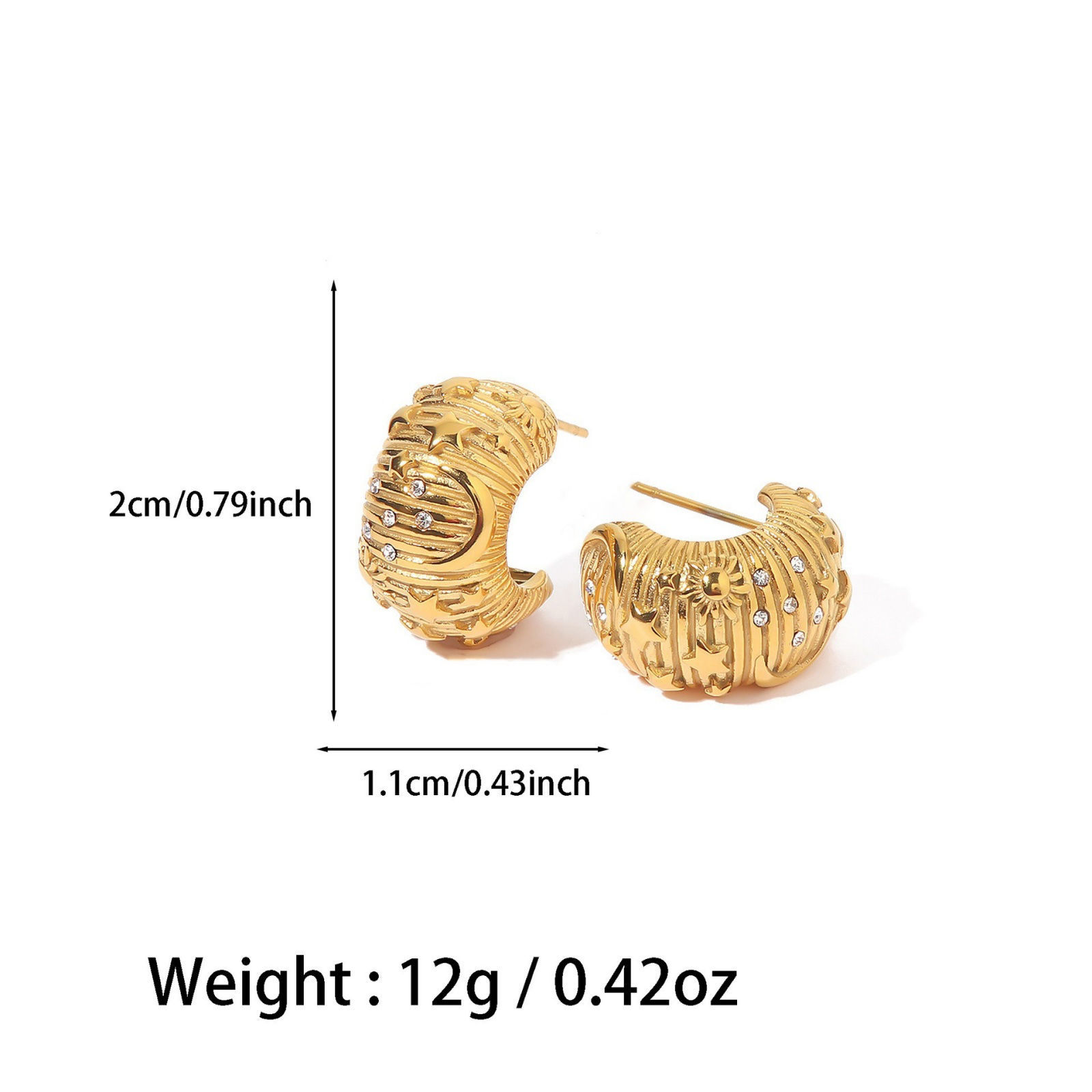 Image de 1 Pair Vacuum Plating Stylish Galaxy 18K Gold Plated 304 Stainless Steel & Cubic Zirconia Half Moon Ear Post Stud Earrings For Women Gift 2cm x 1.1cm