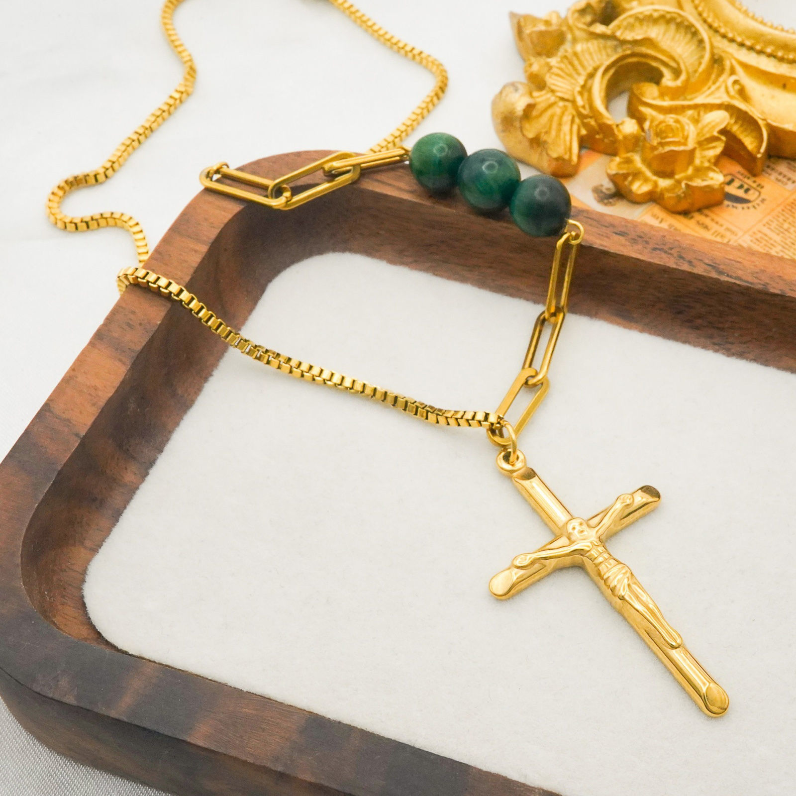 Image de 18K Gold Plated Cross Pendant Charm Necklace, 304 Stainless Steel 40cm(15.7"), For Women, Religious Retro Gift, Eco-friendly, 1 Piece