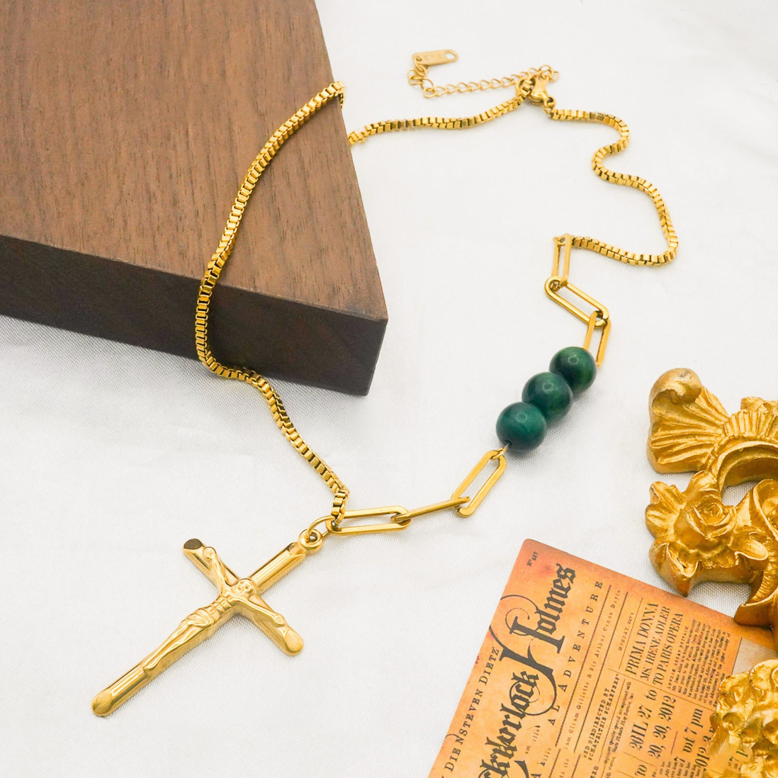 Image de 18K Gold Plated Cross Pendant Charm Necklace, 304 Stainless Steel 40cm(15.7"), For Women, Religious Retro Gift, Eco-friendly, 1 Piece