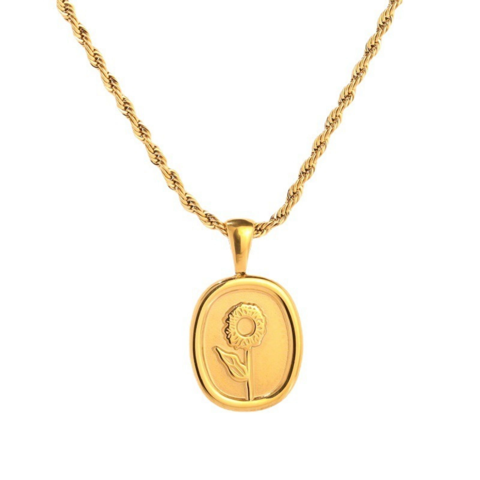 Image de Gold Plated Braided Rope Chain Oval Pendant Charm Necklace, 304 Stainless Steel 40cm(15.7") + 5cm(2"), For Women, Sunflower Flora Collection Stylish Gift, Eco-friendly, 1 Piece