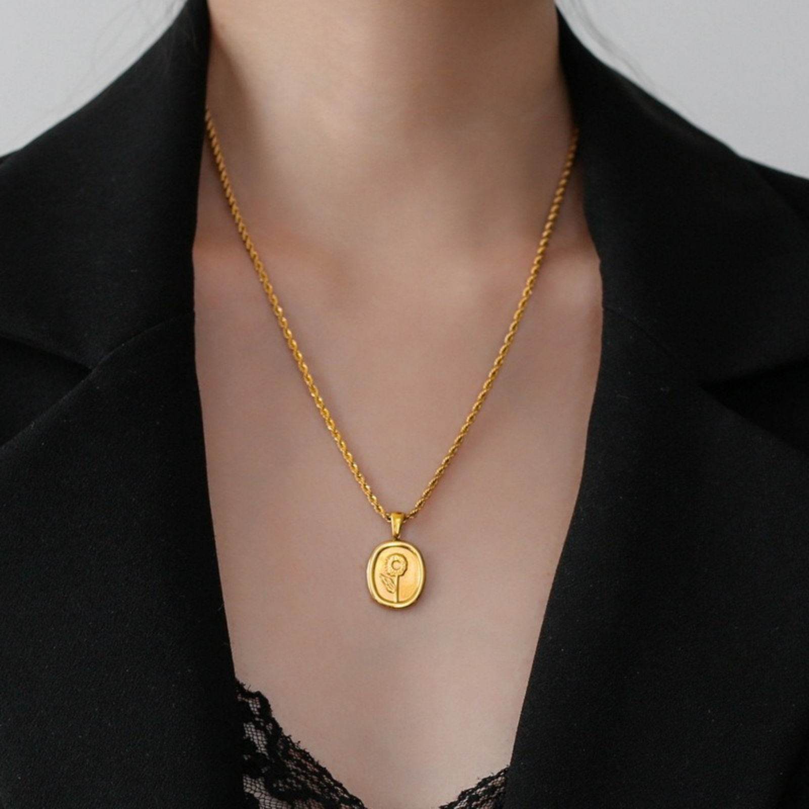 Image de Gold Plated Braided Rope Chain Oval Pendant Charm Necklace, 304 Stainless Steel 40cm(15.7") + 5cm(2"), For Women, Sunflower Flora Collection Stylish Gift, Eco-friendly, 1 Piece