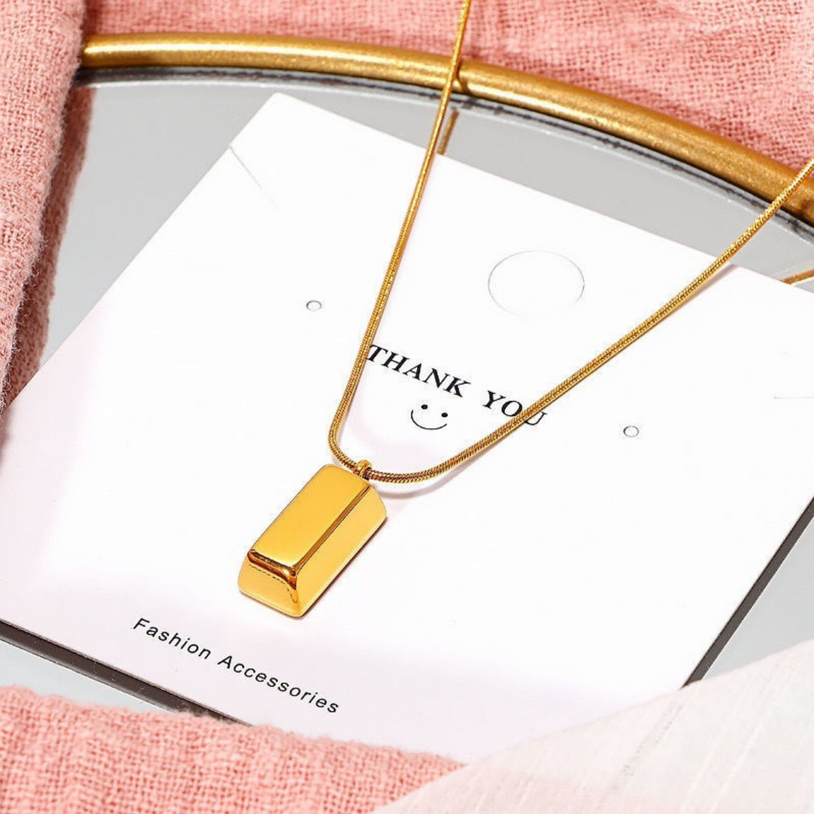 Picture of Gold Plated Brick Pendant Charm Necklace, 304 Stainless Steel 40cm(15.7") + 5cm(2"), For Women, Exquisite Stylish Gift, Eco-friendly, 1 Piece
