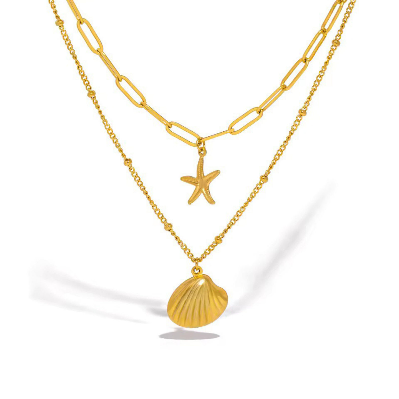 Picture of Wholesale Shell Star Fish Multilayer Pendant Charm Necklace, 18K Gold Plated 304 Stainless Steel Women's Vacuum Plating Ocean Jewelry Stylish Gift Jewelry For Retailer, 40cm(15.7") + 5cm(2") long, 1 Piece
