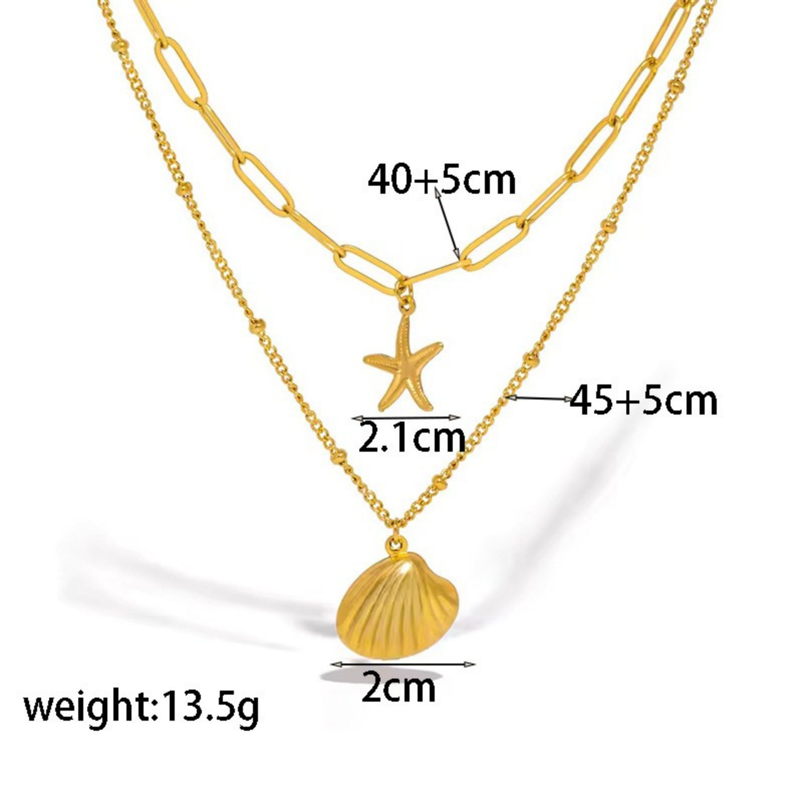 Picture of Wholesale Shell Star Fish Multilayer Pendant Charm Necklace, 18K Gold Plated 304 Stainless Steel Women's Vacuum Plating Ocean Jewelry Stylish Gift Jewelry For Retailer, 40cm(15.7") + 5cm(2") long, 1 Piece