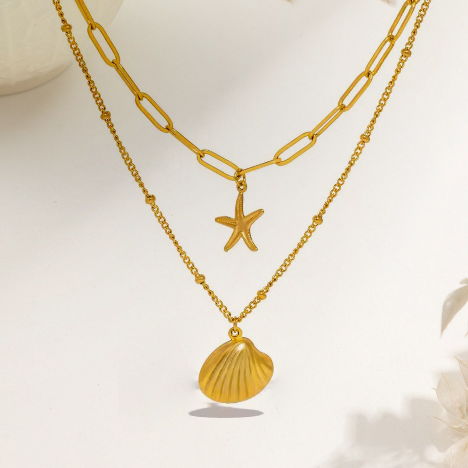Picture of Wholesale Shell Star Fish Multilayer Pendant Charm Necklace, 18K Gold Plated 304 Stainless Steel Women's Vacuum Plating Ocean Jewelry Stylish Gift Jewelry For Retailer, 40cm(15.7") + 5cm(2") long, 1 Piece
