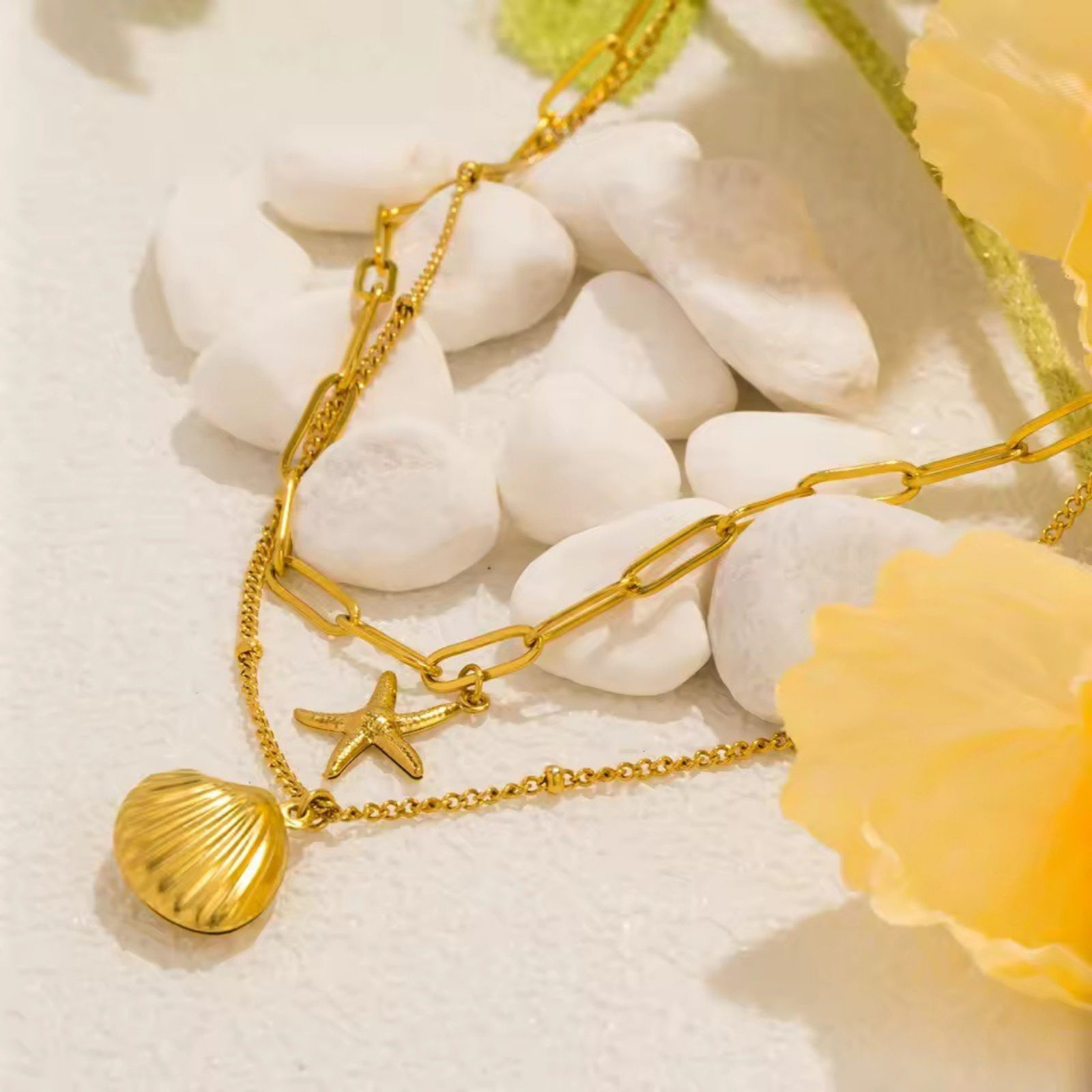 Picture of Wholesale Shell Star Fish Multilayer Pendant Charm Necklace, 18K Gold Plated 304 Stainless Steel Women's Vacuum Plating Ocean Jewelry Stylish Gift Jewelry For Retailer, 40cm(15.7") + 5cm(2") long, 1 Piece