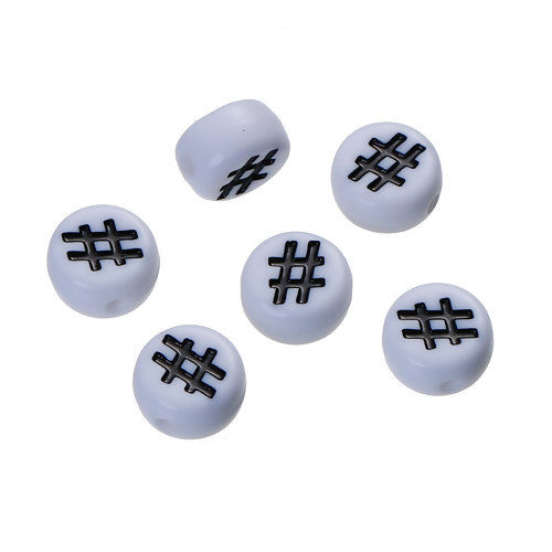 Picture of Acrylic Bubblegum Beads Round White " # " Pattern Black Enamel About 7mm Dia, Hole: Approx 1.1mm, 300 PCs