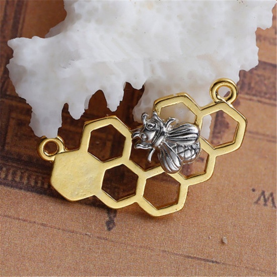Picture of Zinc Based Alloy Connectors Findings Honeycomb Silver Tone & Light Gold Bee Carved Hollow 25mm x 14mm, 10 PCs