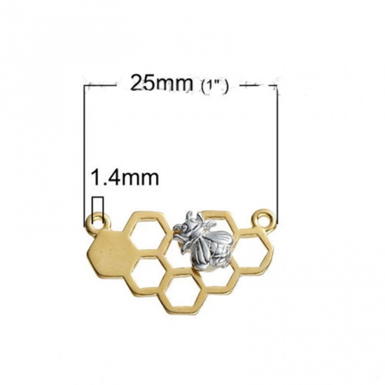 Picture of Zinc Based Alloy Connectors Findings Honeycomb Silver Tone & Light Gold Bee Carved Hollow 25mm x 14mm, 10 PCs