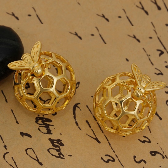 Picture of Brass 3D Charms Honeycomb Gold Plated Bee Hollow 29mm(1 1/8") x 24mm(1"), 1 Piece                                                                                                                                                                             