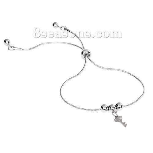 Picture of 304 Stainless Steel Adjustable Slider/ Slide Bolo Bracelets Silver Tone Round Key 24cm(9 4/8") long, 1 Piece
