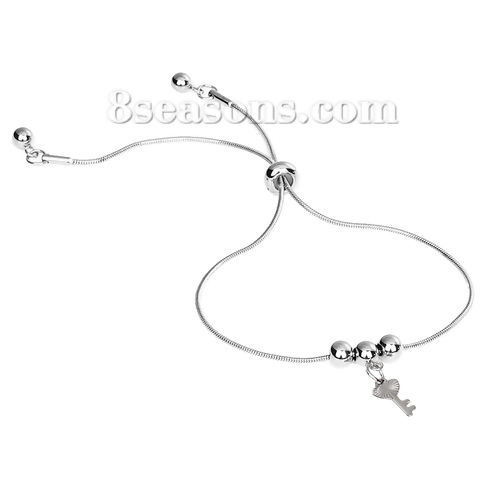 Bild von 304 Edelstahl Einstellbares Slider/ Slide Armband Schieberarmband Silberfarbe Rund Schlüssel 24cm lang, 1 Stück