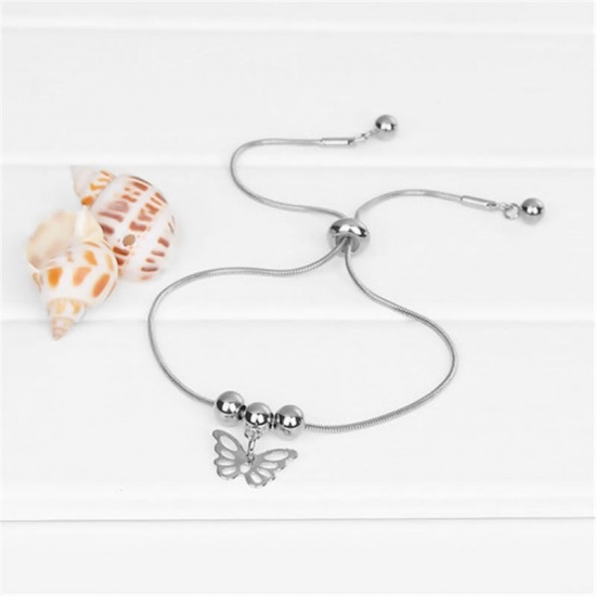 Picture of 304 Stainless Steel Adjustable Slider/ Slide Bolo Bracelets Silver Tone Round Butterfly 24cm(9 4/8") long, 1 Piece